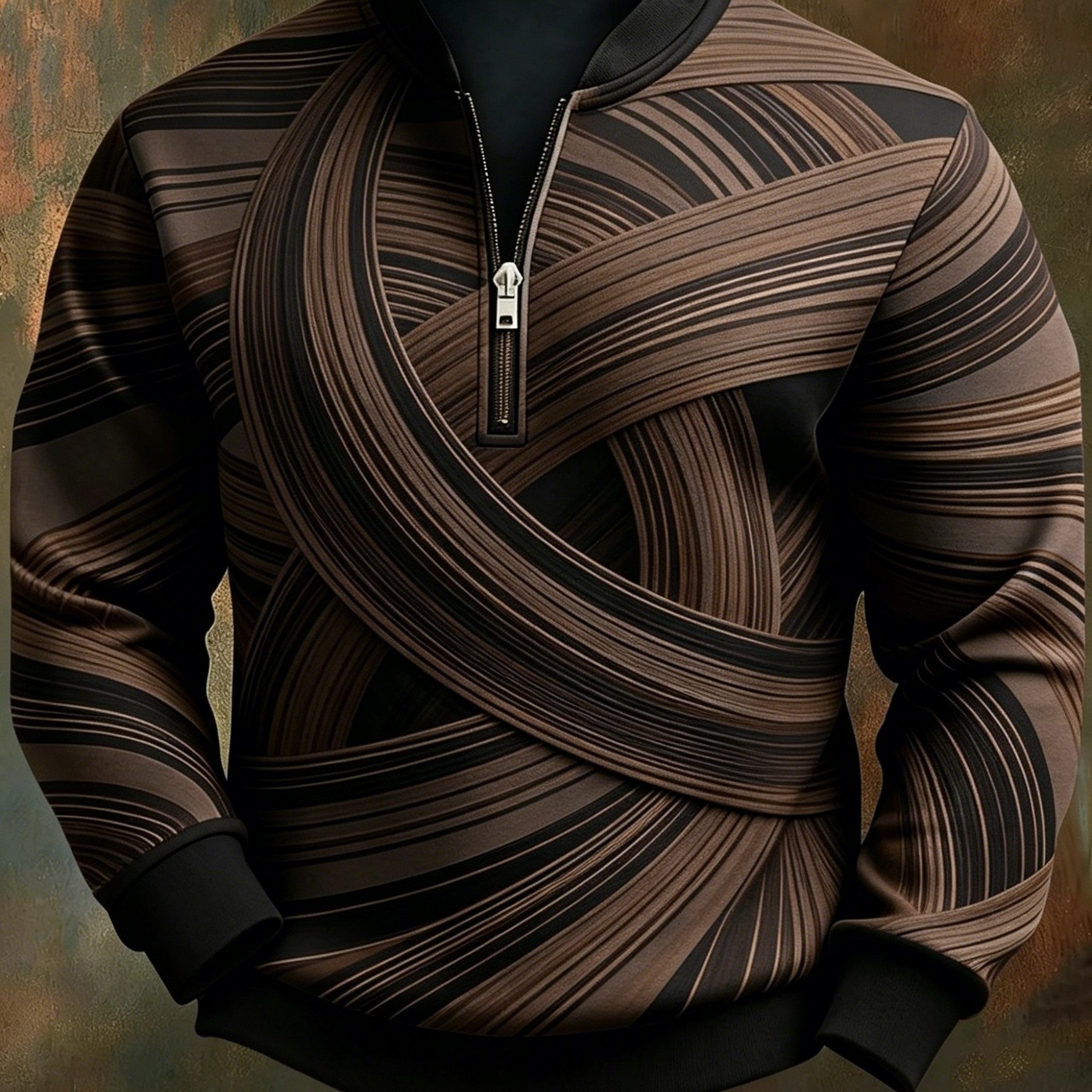 Image of Men's Half-zip Stand Collar Pullover Sweatshirt New Arrival Brown Yellow Curve Print Retro Light Luxury Outdoor Casual Outfit