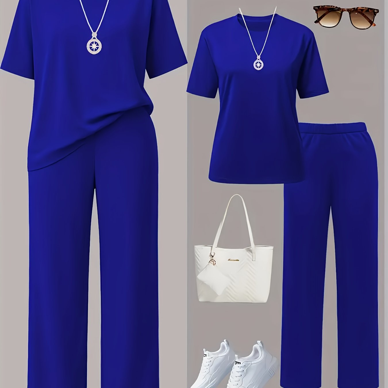 E-shop SQ25072101 Damen 2-teiliges Set in einfarbig, Kurzarm mit Rundhalsausschnitt, Hose mit geradem Bein elastischem Bund, mit Taschendetails, lässig