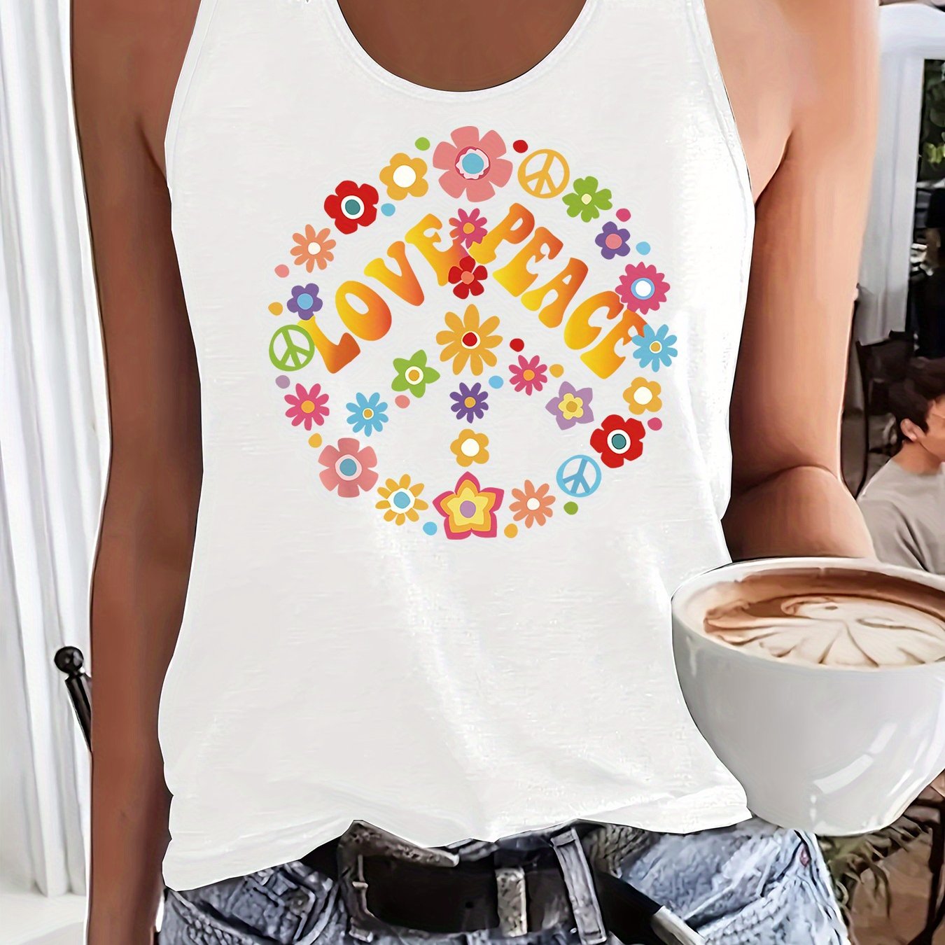 TEMU Women's Vibrant Love & Peace Floral Print Tank Top - Casual Scoop Neck, Sleeveless, Lightweight Summer & Spring Vest With Graphic Desig