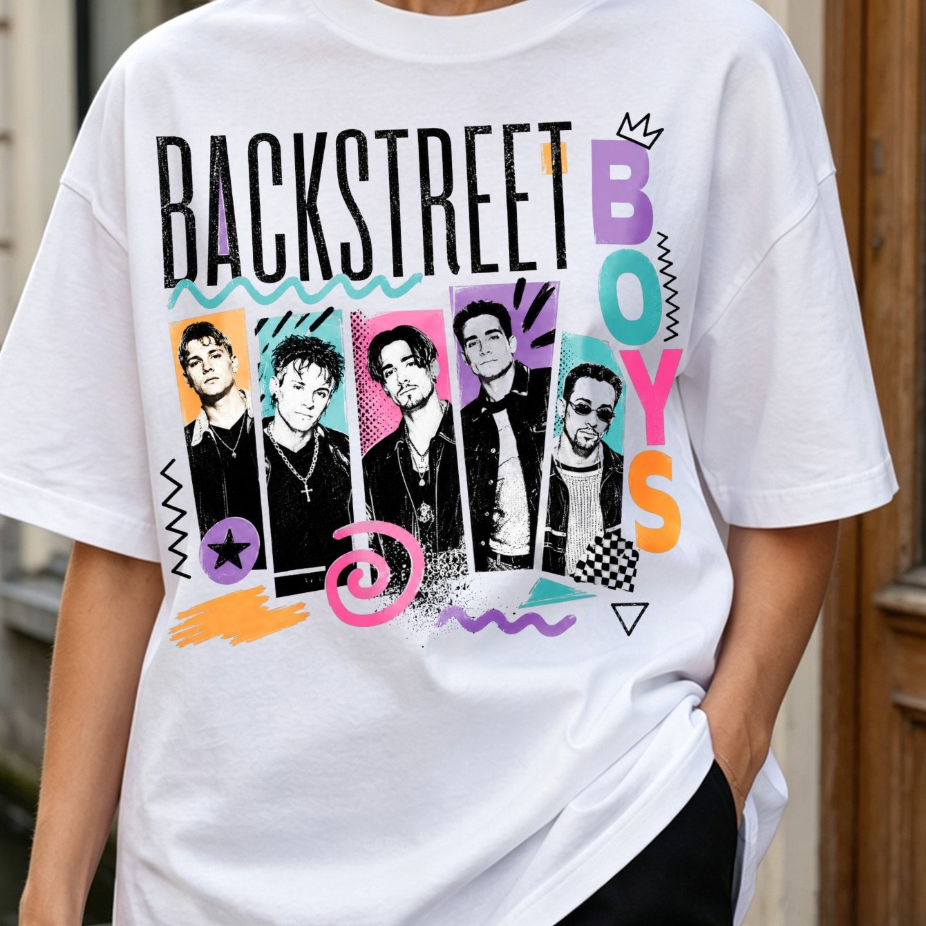 Women's Backstreet Retro T-shirt - Iconic 5 Portrait Collage & Vertical Text, Vintage Iconic, Casual Fit Suitable For, Machine Washable Nostalgic Gift For Fans