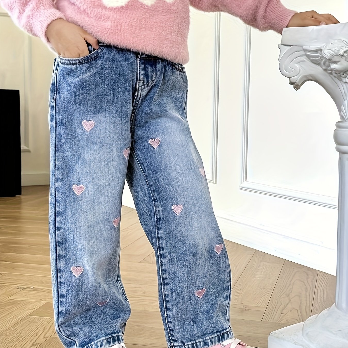 Young Girl Heart Embroidered Loose Straight Casual Jeans
