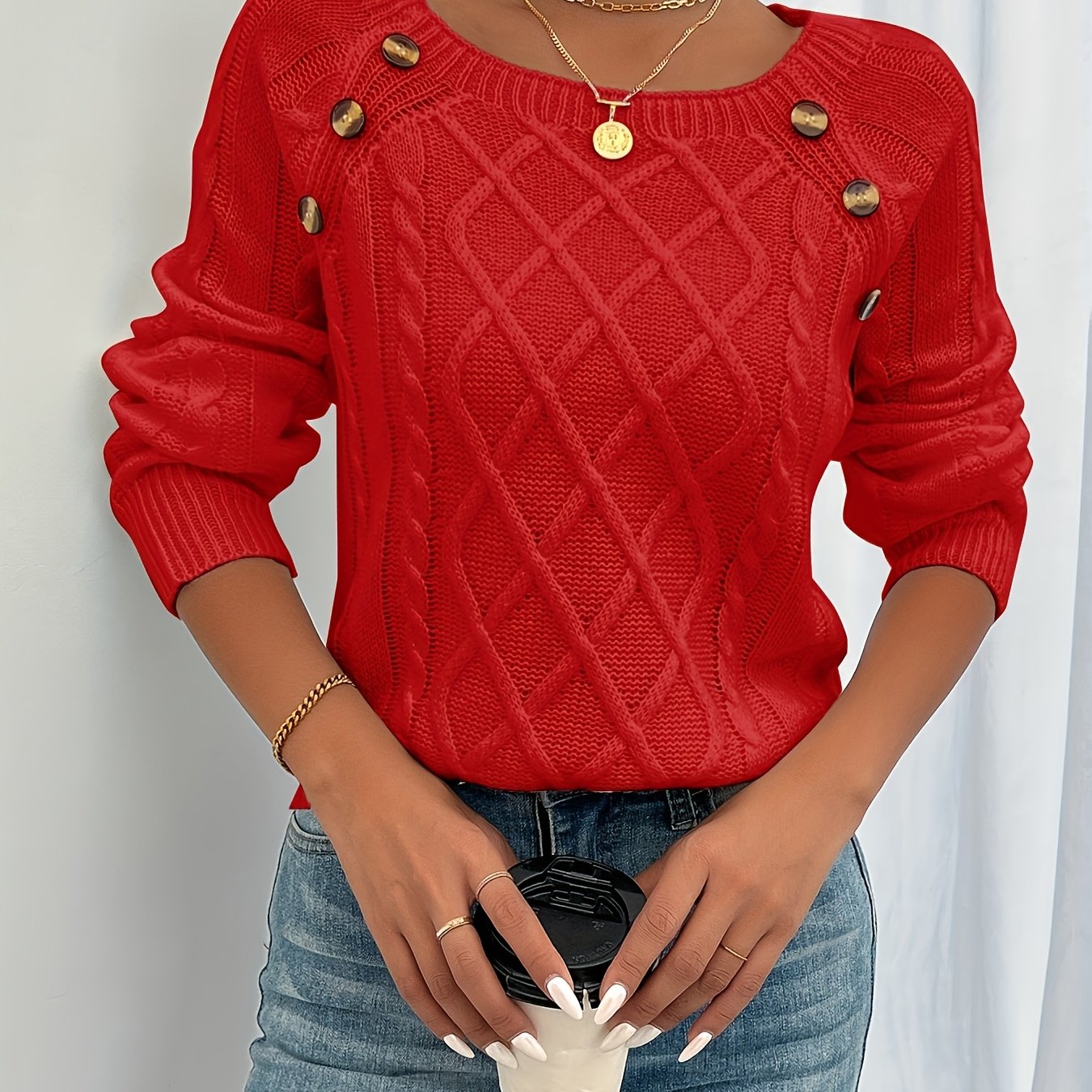 TEMU Pull Femme Tendance Automne Hiver, Automne Débutant, Uni avec Texture Câble Boutonnée et Manches Lanternes, Polyvalent et Idéal pour et les