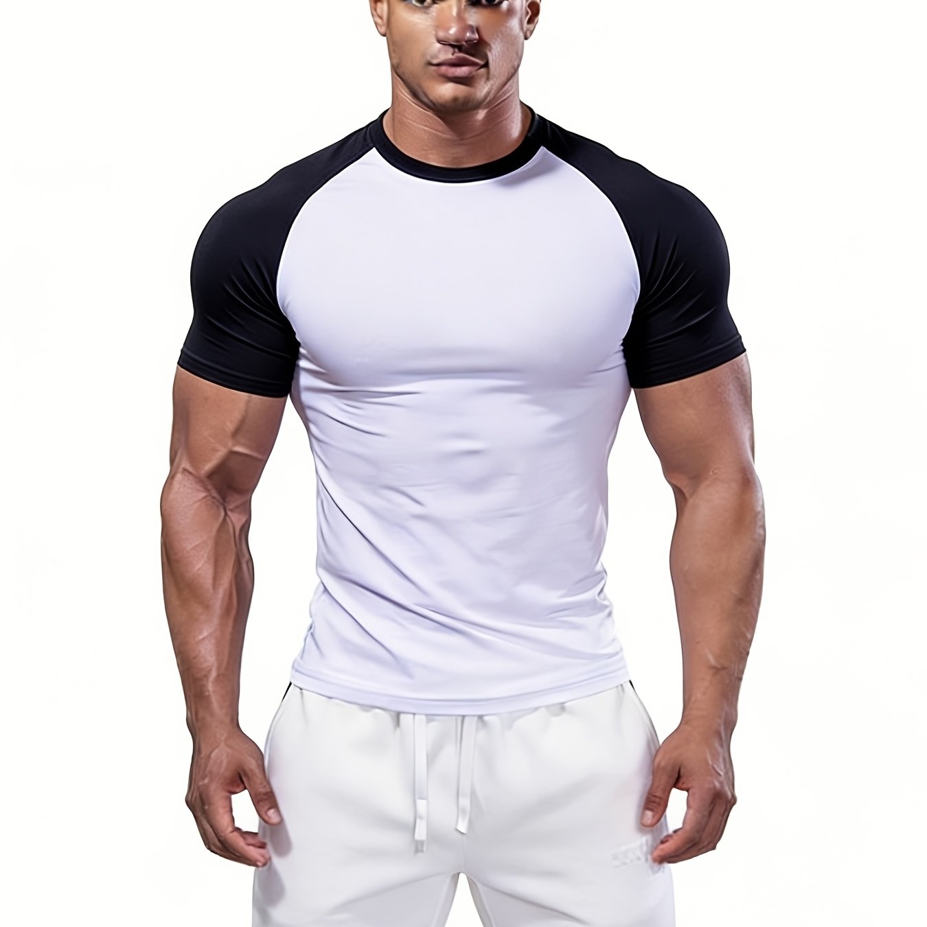 TEMU Men's Cool Athletic T-shirt, Black And White Ringer Tee, High-stretch Quick-dry Running Training Fitness Top, Breathable Short Sleeve