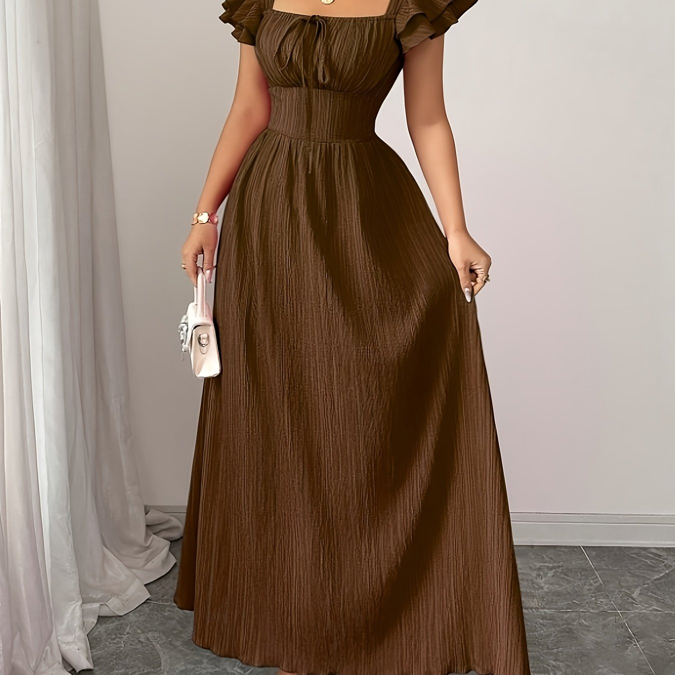 E-shop Elegantes Damen-Smock A-Line Maxikleid – Quadratischer Ausschnitt, Uni-Farben Sommerkleid mit Smock-Detail, Maschinenwaschbar – Langes Kleid für