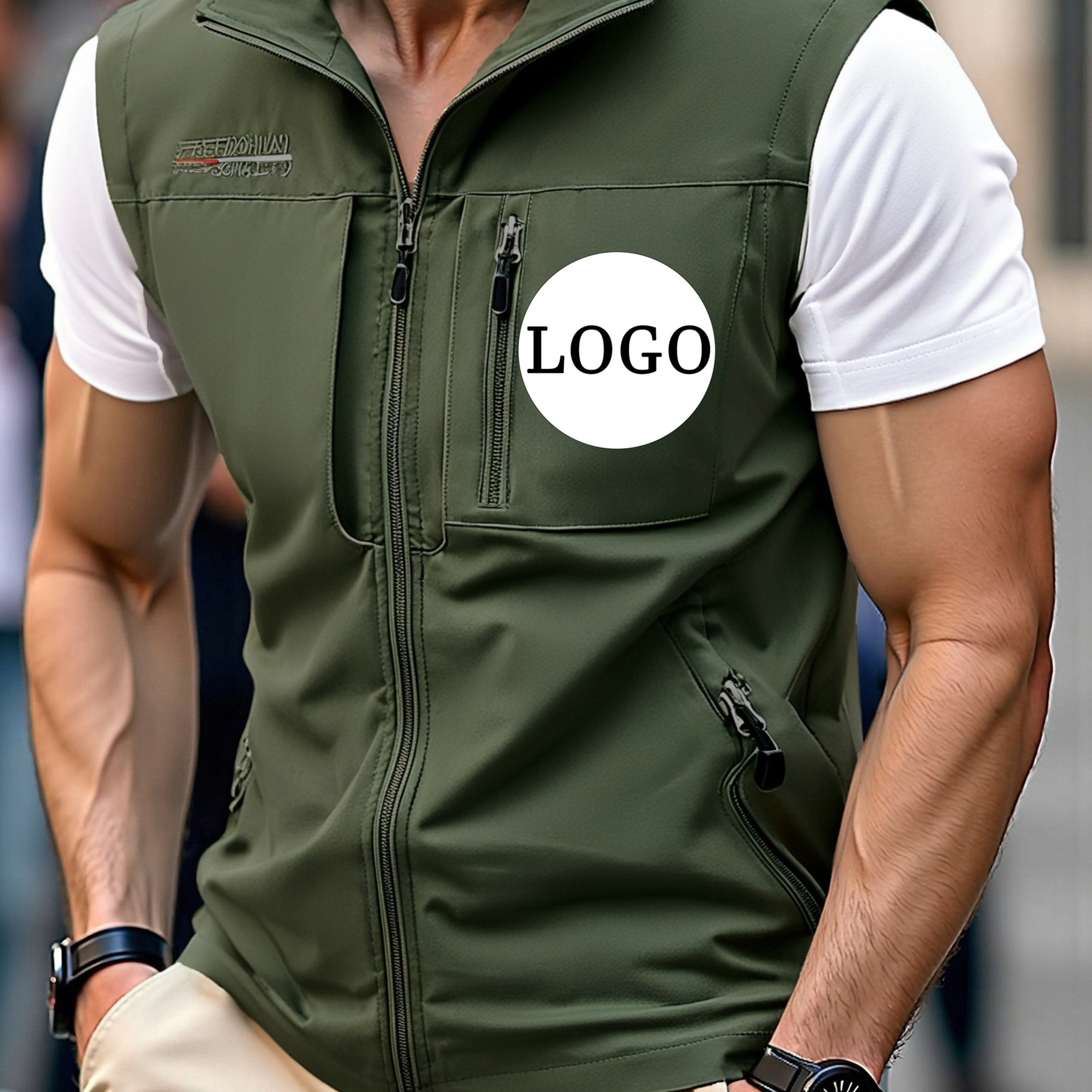 TEMU Chaleco para hombre con logo personalizado/bordado/estampado de transferencia - /logo personalizado, chaqueta sin con cuello , ropa de trabajo