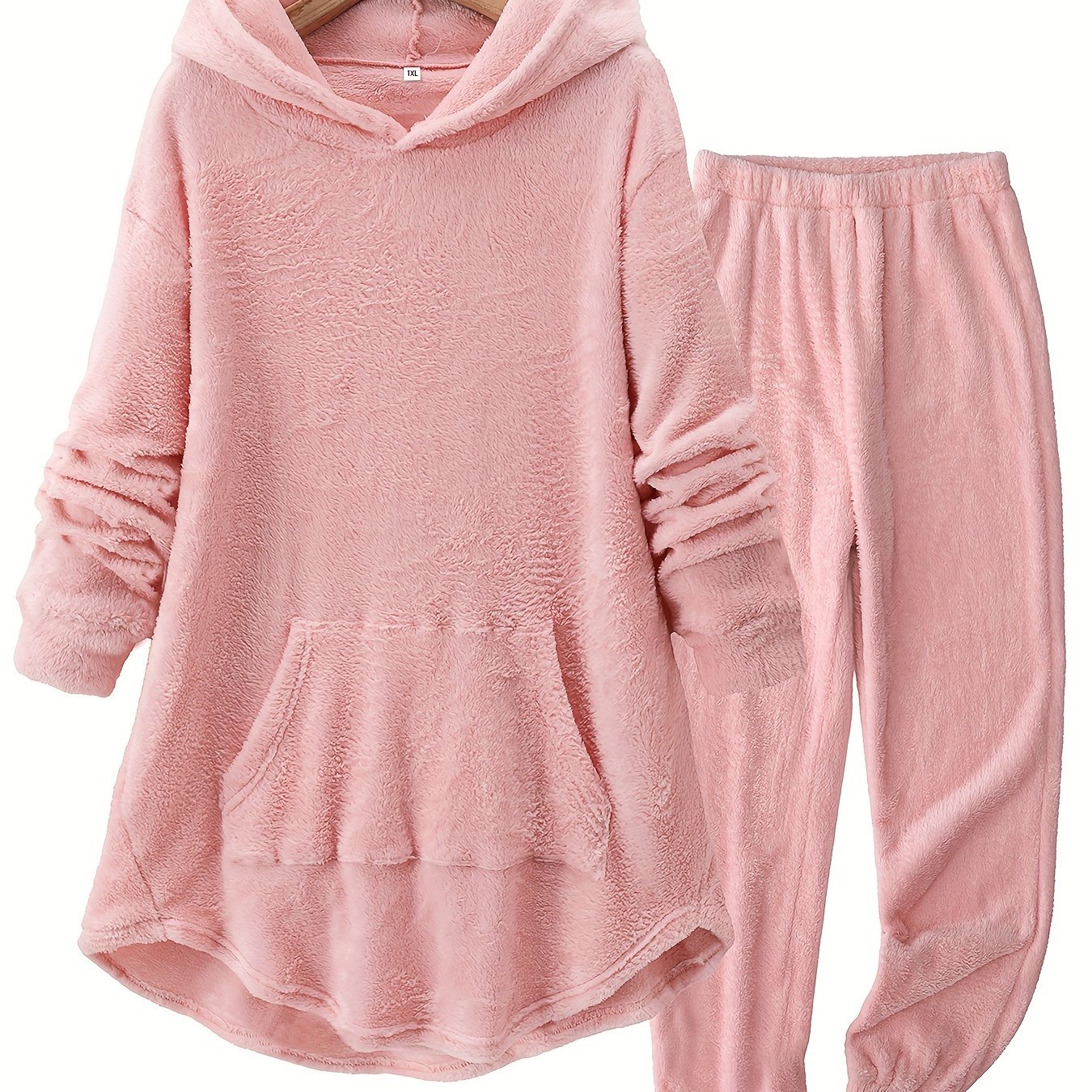 TEMU Plus Size - Plus Size - Plus-size Solid Color Thick Fleece Loungewear Set For Autumn And Winter