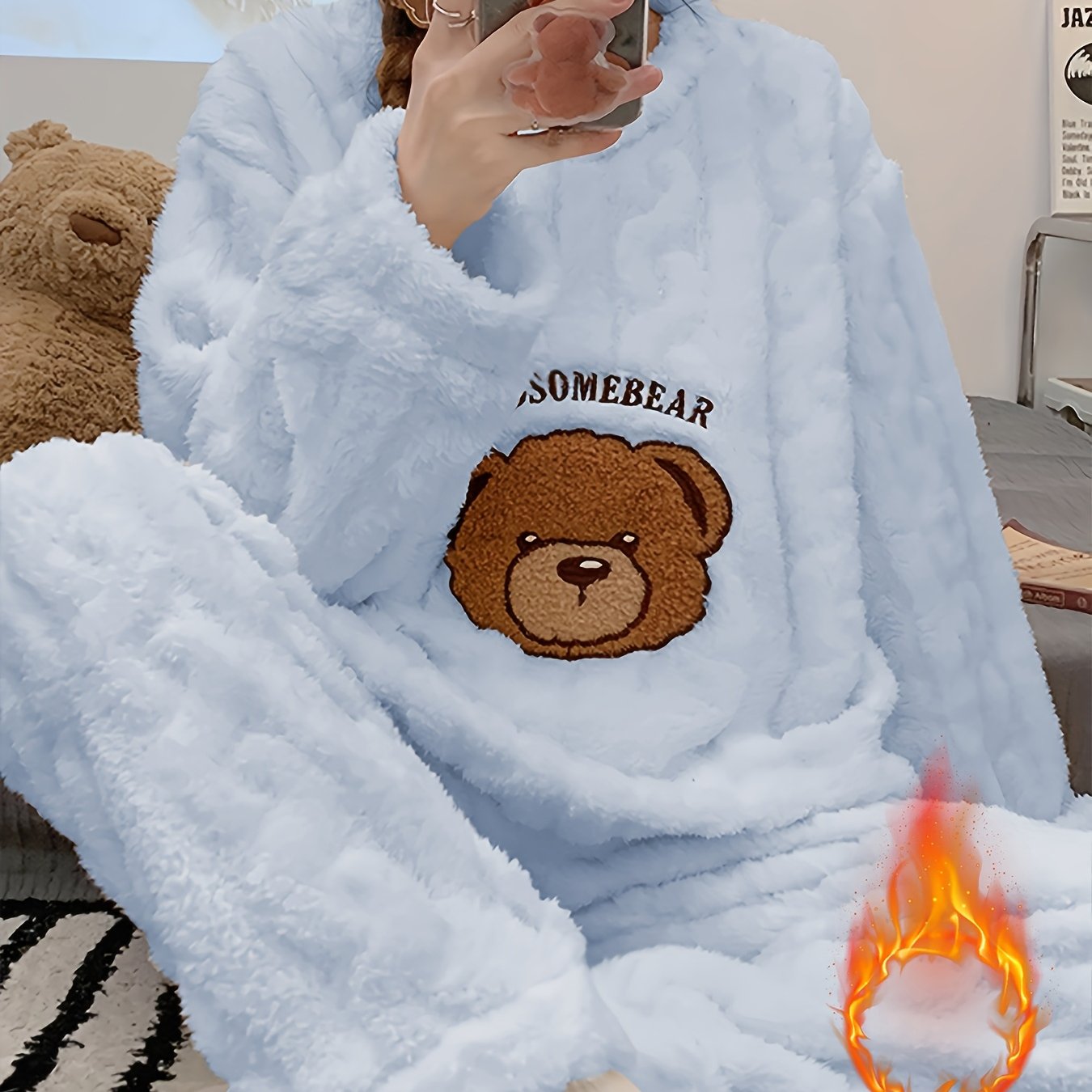 TEMU New Autumn/winter Thick Warm Pajama Set, Jacquard Plush Long-sleeve With Flannel Pants, Winter Sleepwear Set