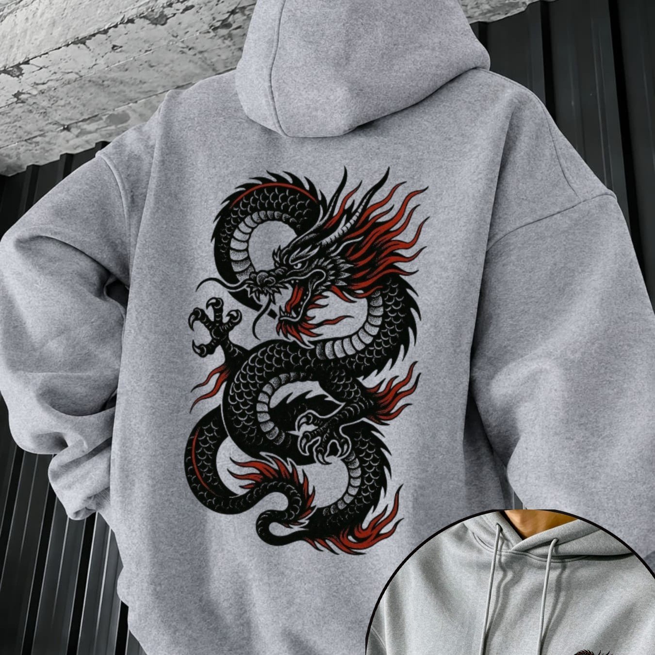 Image of Winter Hooded Fleece Sweatshirt With Dragon Print, Men's Loose Fit Streetwear Casual Warm Pullover, Trendy Urban Style