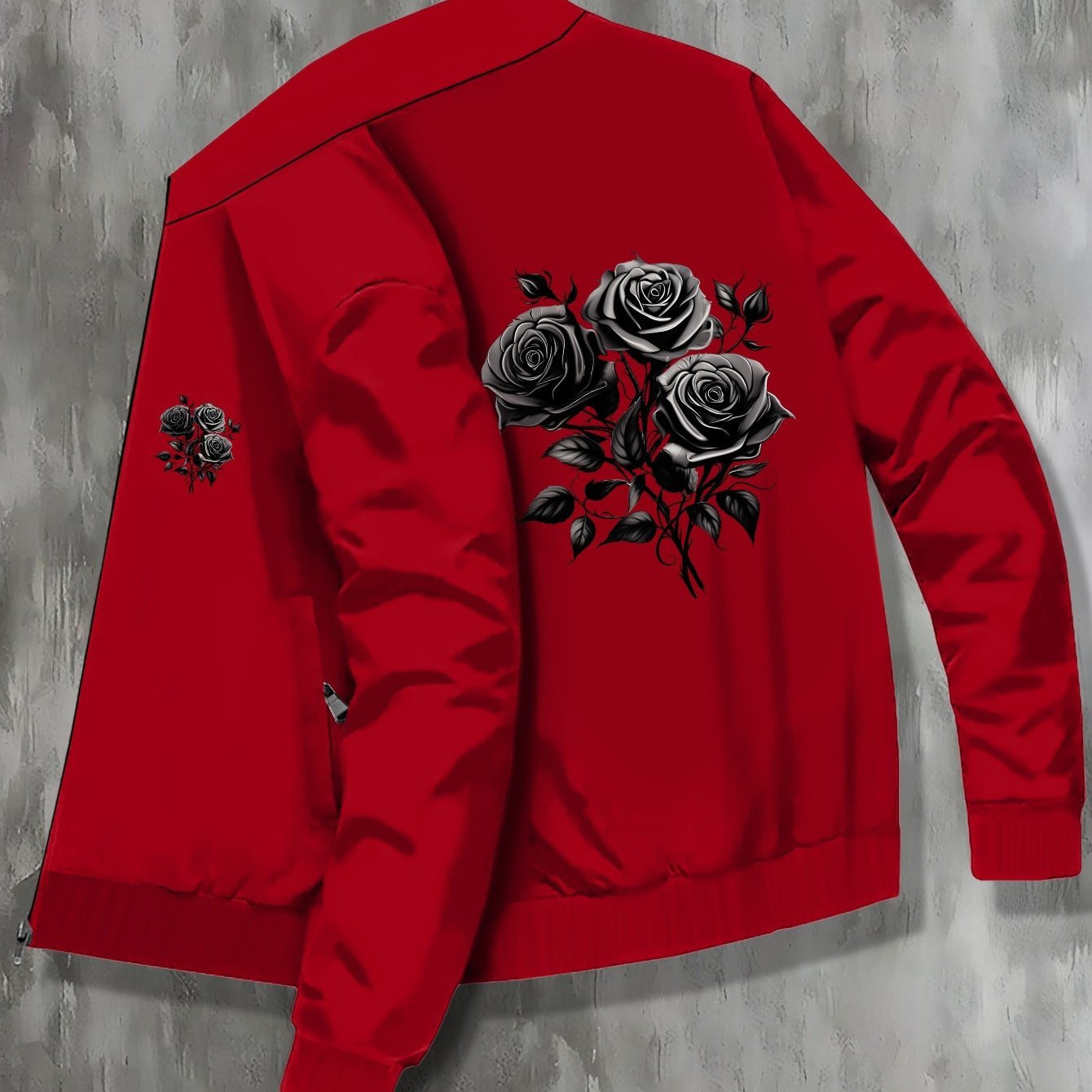 TEMU Black Flowers Print Men's Stand Collar Varsity Jackets, Casual Fashionable Lightweight College Style Jackets