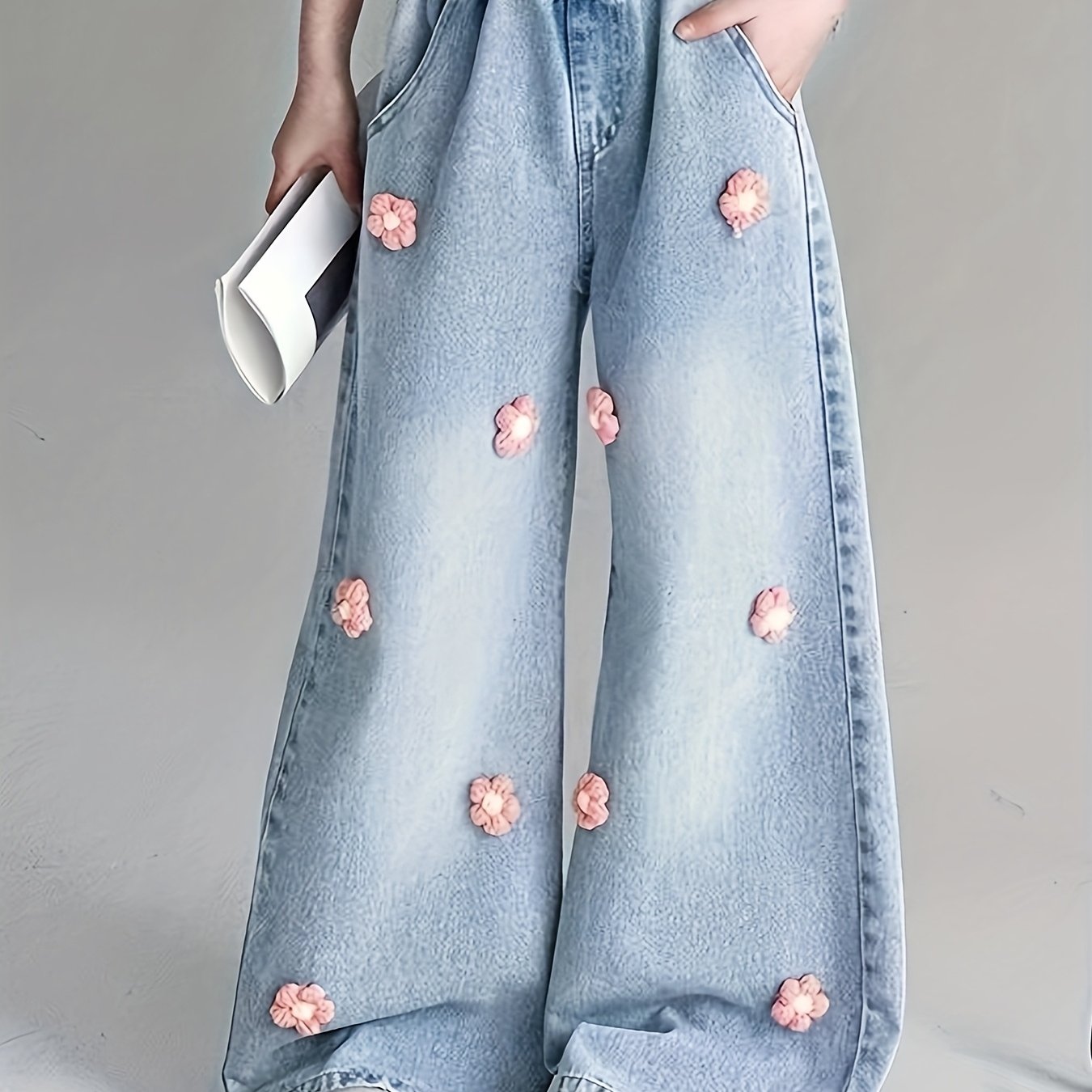 Image of Girls' Autumn/winter Jeans, Loose Casual Wide-leg Trousers, Fashionable 3d , Suitable For 8-12 Year Old Students' Dance Pants For Back-to-, Elastic Waistband, Durable And Wear-resistant, For Outdoor