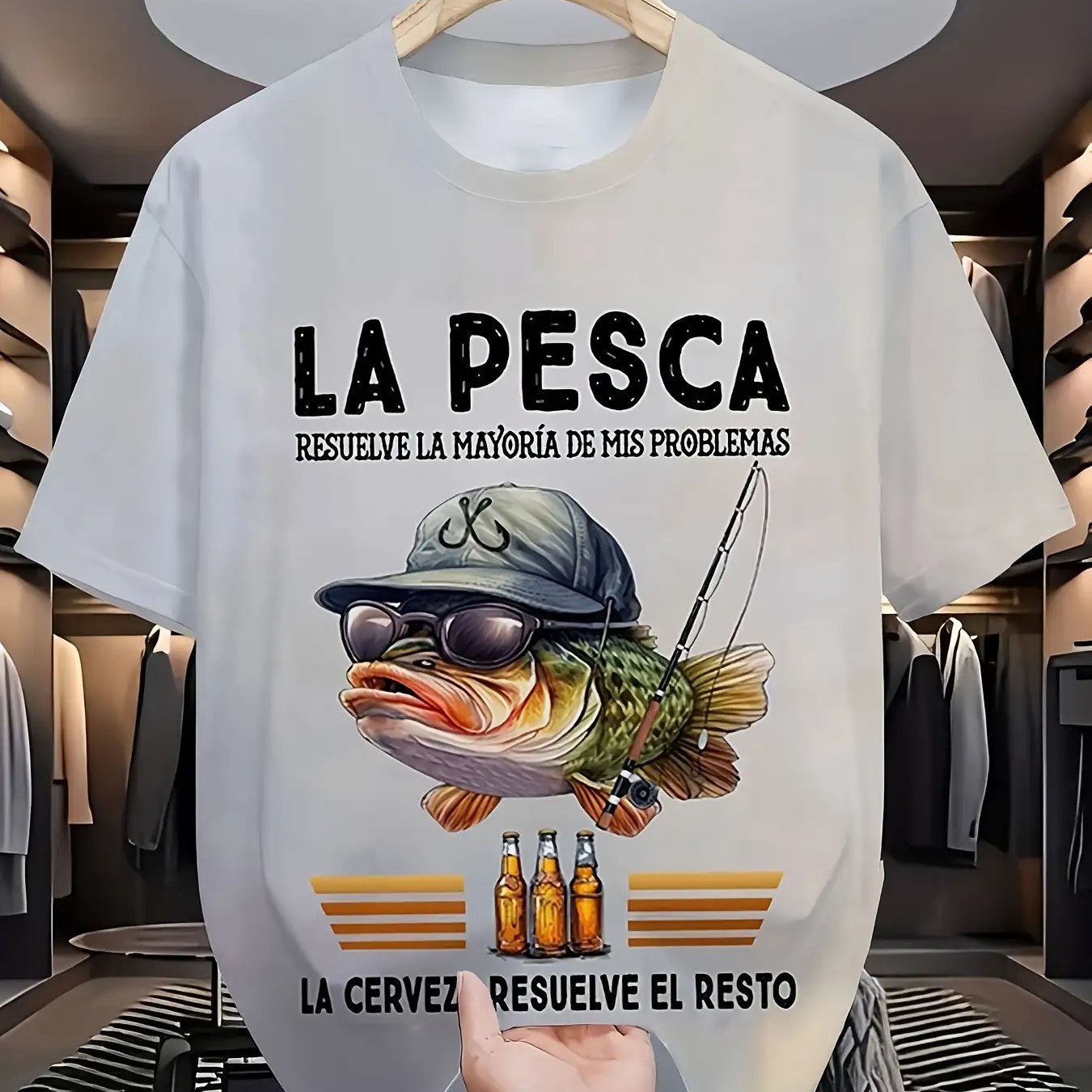 TEMU Camiseta Casual de para Hombre - Estampado de Pesca "La Pesca Resolvió la Mayoría de Mis Problemas", Cuello , Cortas, Lavable a Máquina, Ropa