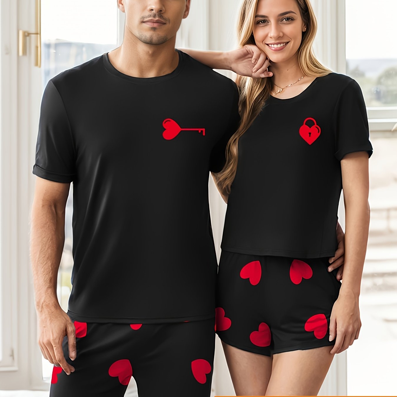 [men/women] 's Day Couple Style Short Sleeve Short Shorts Heart Letter Print Pajama Set Men Or Women 1pc Top And 1pc Pants