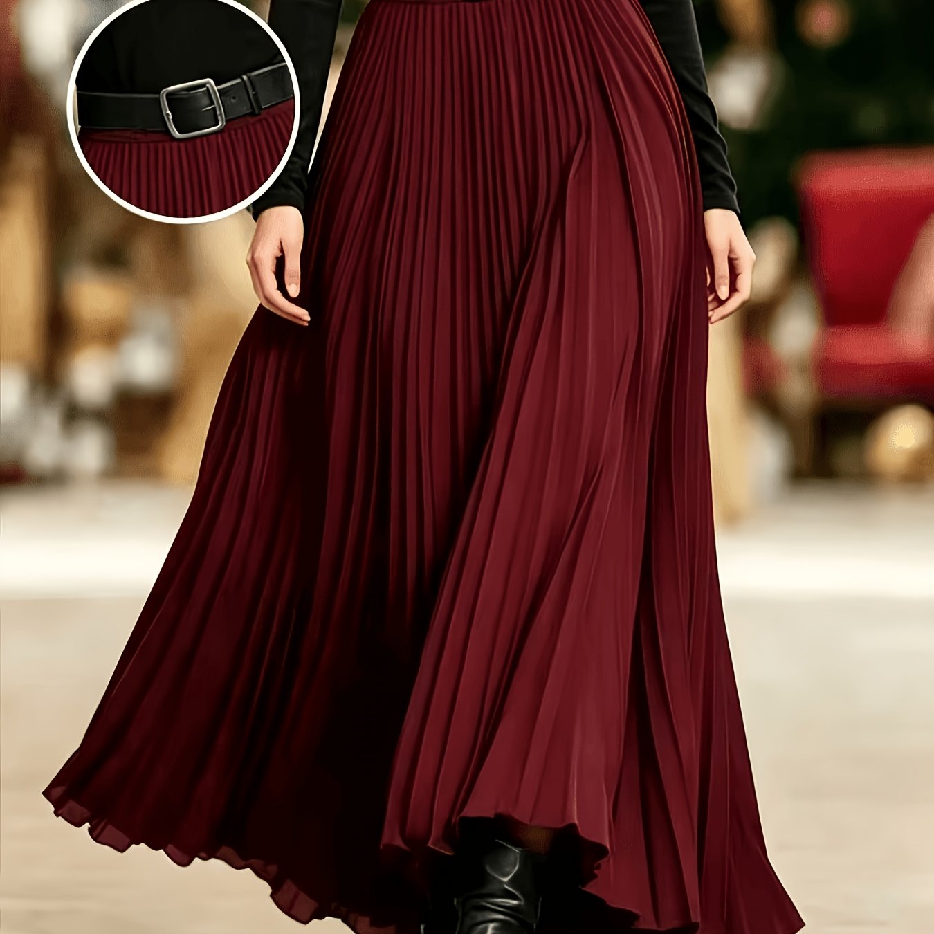 TEMU Jupe longue plissée pour femmes, couleur unie, tendance - Jupe mi-longue à effet aura, qui le tempérament, pour et les , polyvalente en toute
