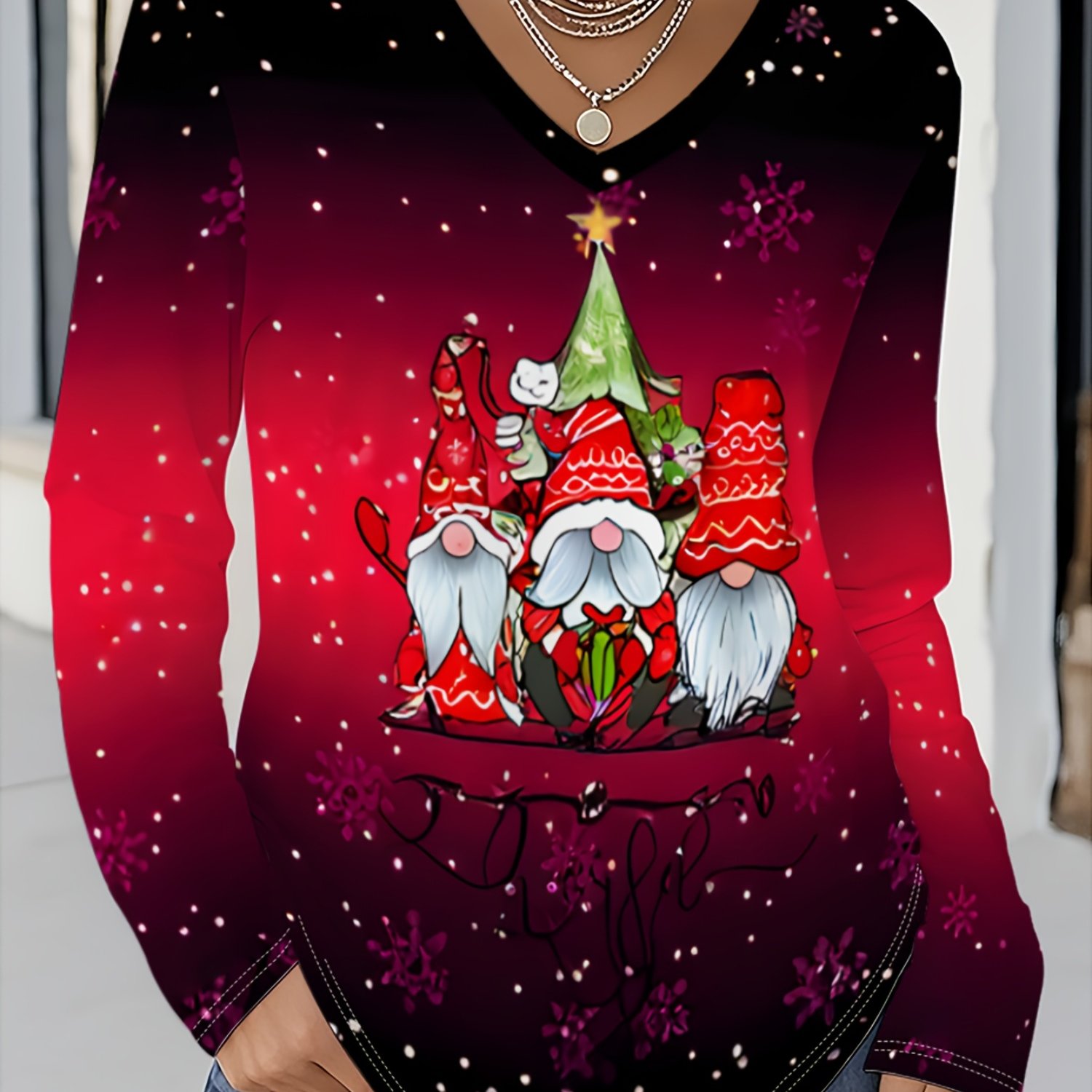 TEMU Plus Size - Plus Size - Ladies' Autumn And Winter New Plus Size Women's Fashion Christmas V-neck Long-sleeved T-shirt Loose Casual Top V-neck