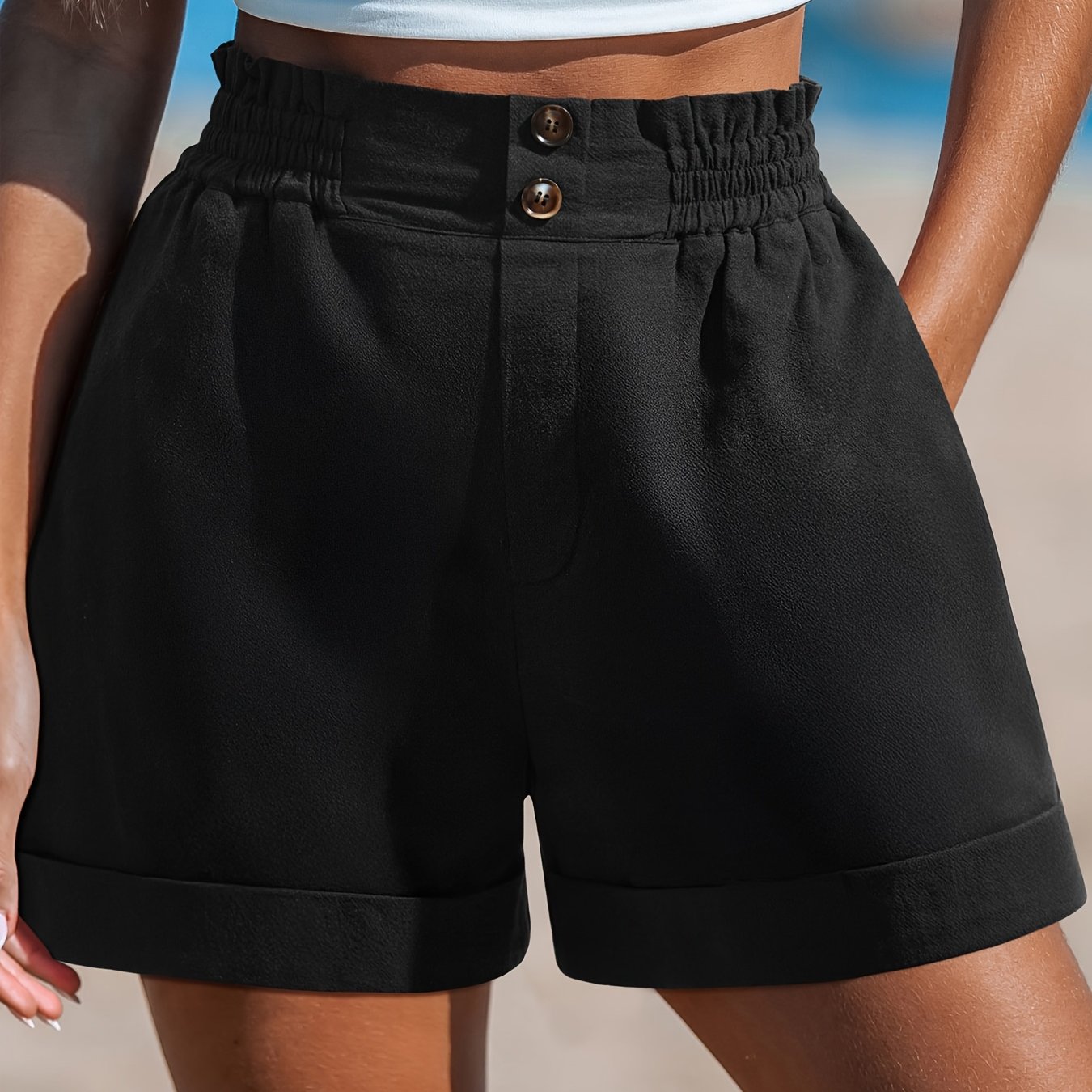 TEMU Short de plage à taille haute et jambes larges pour femme, couleur unie avec ceinture élastique et poches, parfait pour un décontracté ou de