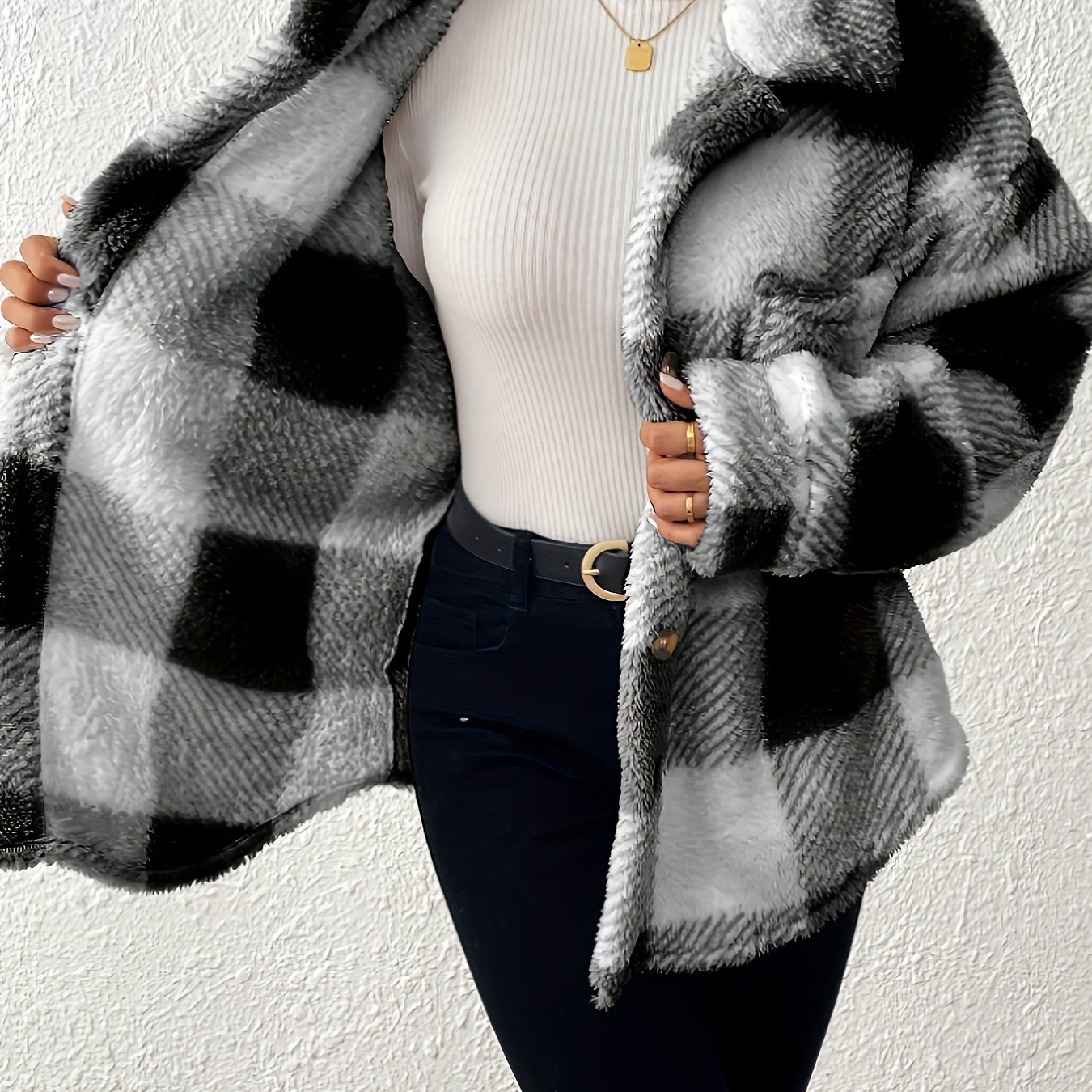 TEMU Plus Size, Women's Elegant Jacket With Button Front - Cozy Fall/winter Casual Coat, Black & White Check Pattern, Long Sleeves, Perfect For Daily