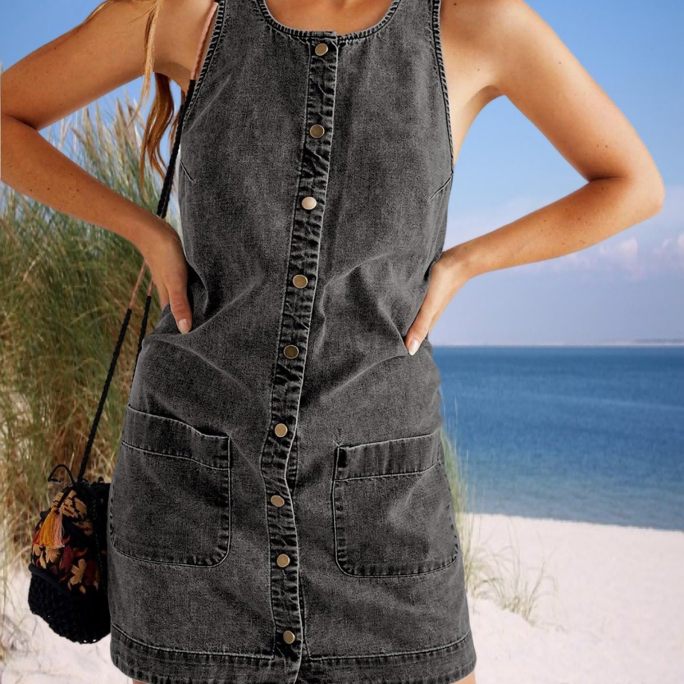 Image of Women' Summer Casual Sleeveless Denim Overalls Dresses Button Jean Mini Dress 2026 Trendy Romper With Pockets