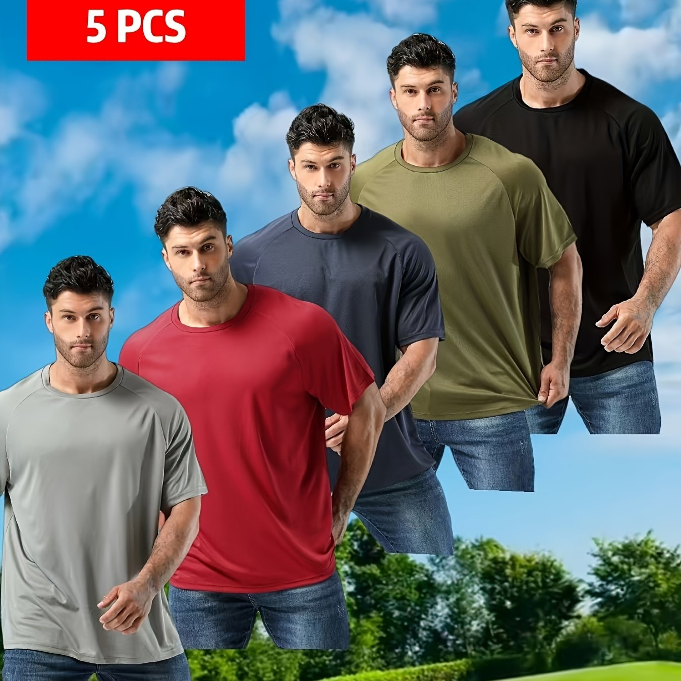 TEMU 5pcs Set Of Men's Plus Size Athletic Short Sleeve Crew Neck T-shirts, Breathable Moisture-wicking , Solid Colors, Suitable For Running And