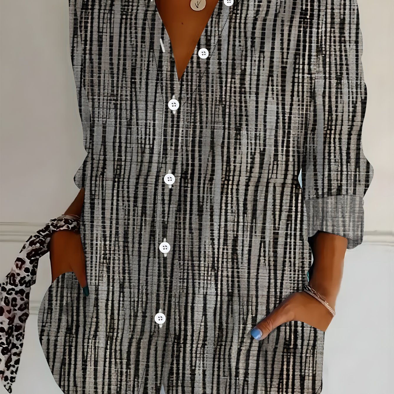 TEMU Plus Size - Plus Size - Plus Size Women's Long Sleeve Shirt Vertical Stripes Windmill Print Shirt Easy Line Sense Mid-length Women's Shirt Gray