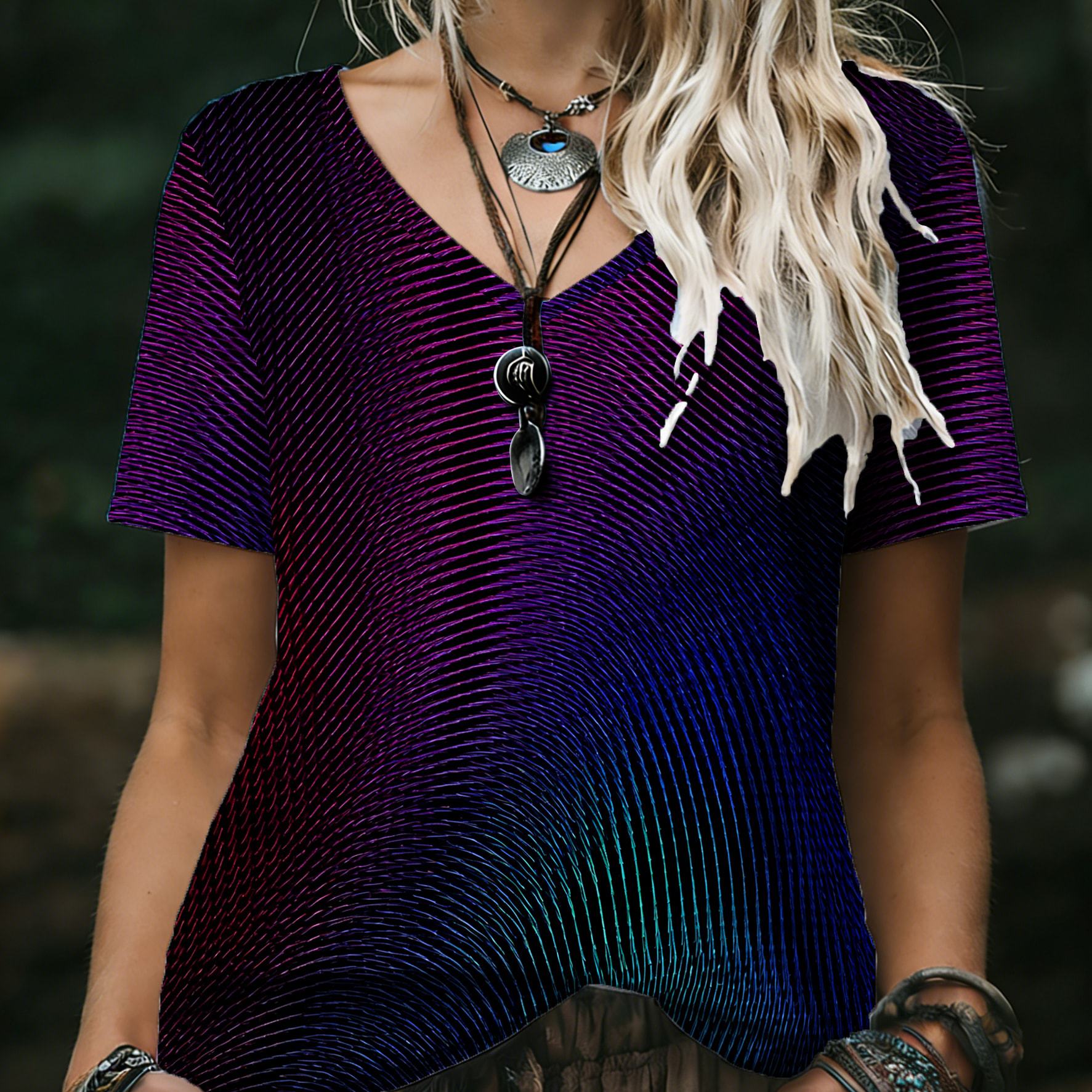 TEMU Plus Size Women's V-neck Stretch Short Sleeve T-shirt, Loose Comfortable Inner And Outer Wear, Purple Blue Gradient, Wavy Print Pattern,
