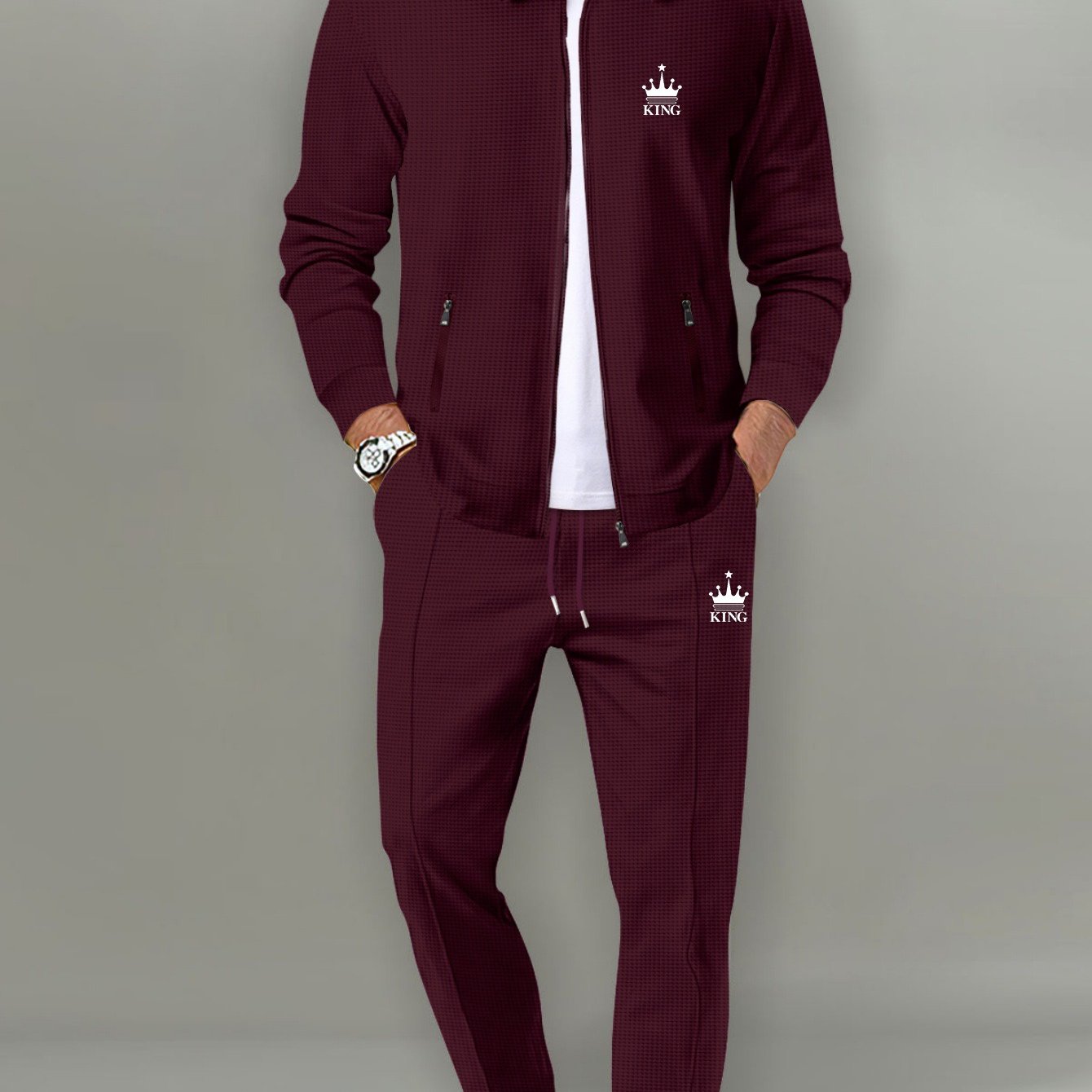 Image of Textured Waffle Knit Co-ord Set Full Zip Lapel Jacket Drawstring Trousers Same Crown Letter Graphic For Top And Bottom Men Urban Daily Outfit