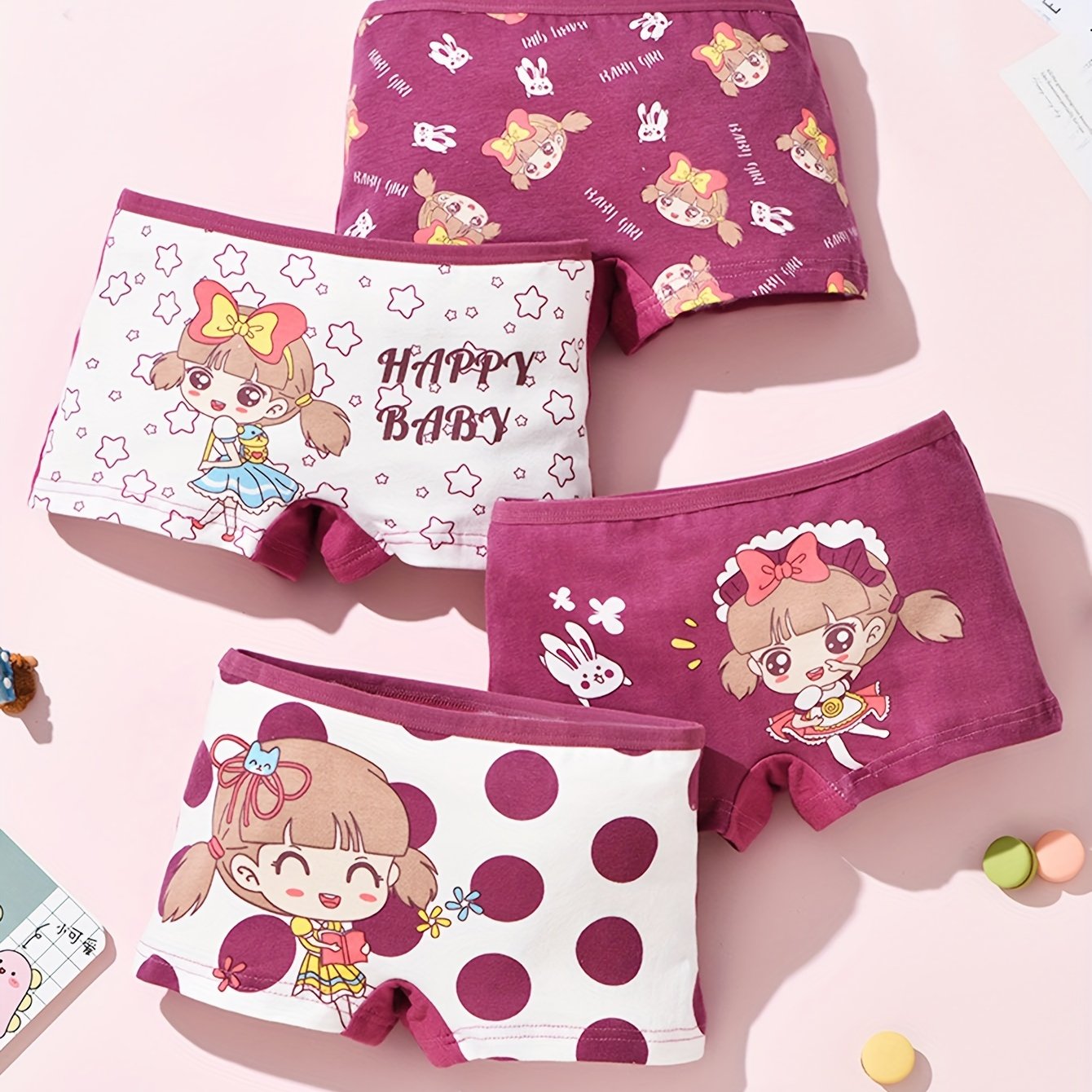 4-pack Cute Girl Printed Underwear, Briefs, Sweat-absorbent And Breathable, Double-layer Gusset Boxer Briefs, Suitable For