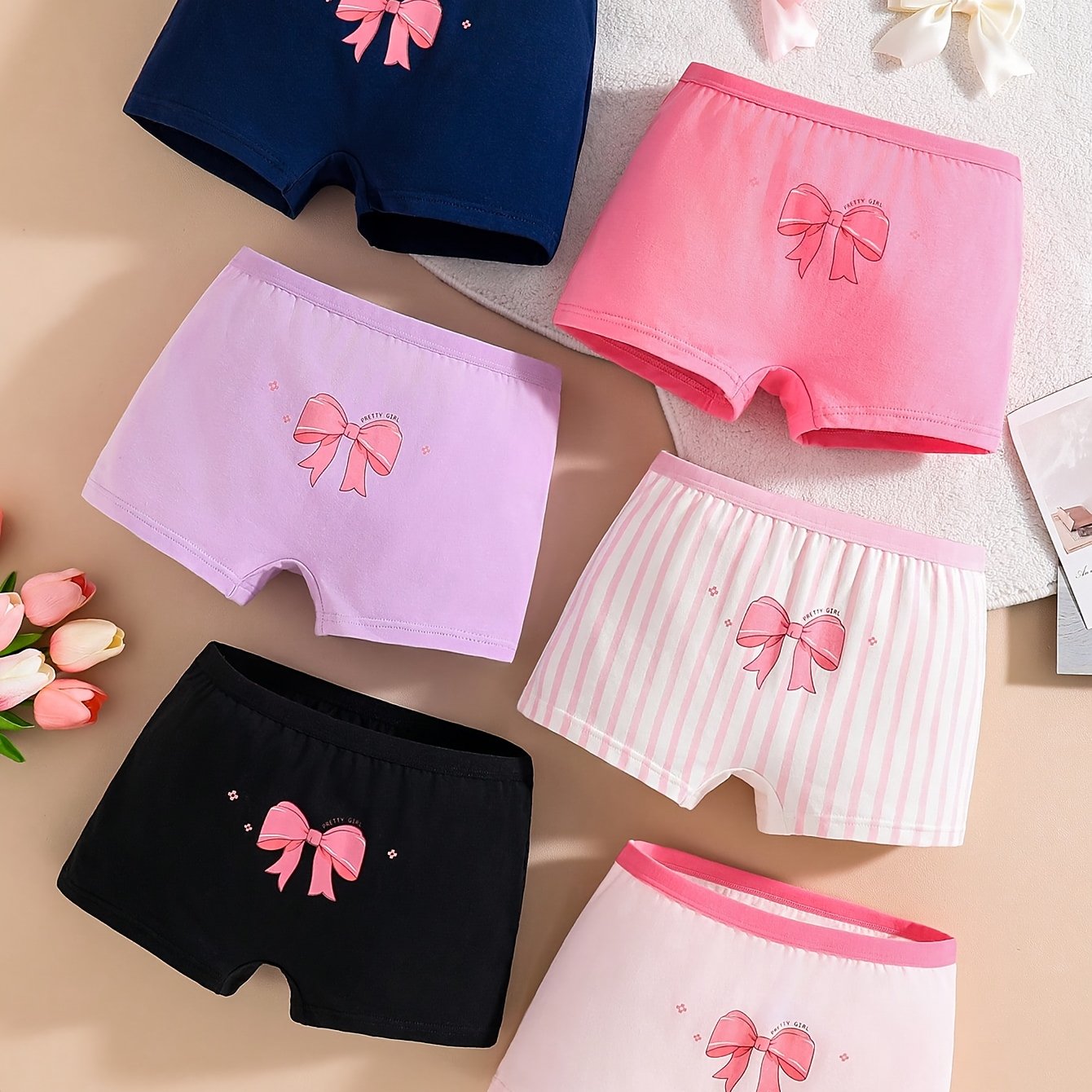 Image of 6pcs Set Cute Bowknot Striped Boxers For Girls | Mid Rise, Regular Fit, Suitable For Preschool Girls, Fashionable For Back-to-