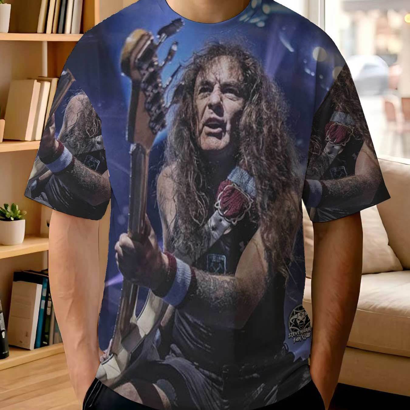 TEMU 2026 New Printed T-shirt Men's Harris Themed Printed T-shirt, Heavy Bassist Live Performance Style, Vintage Distressed Loose Crew Neck Short