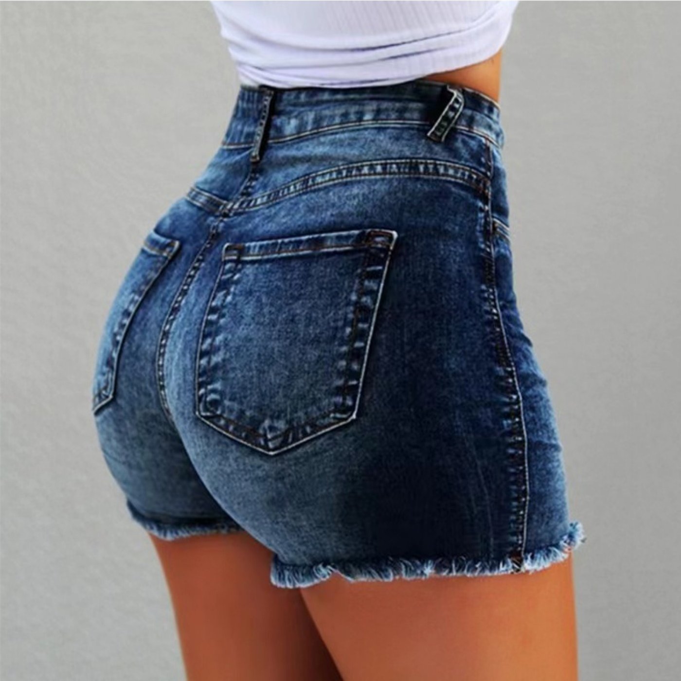 TEMU Women's High-waist Denim Shorts With Fringe Hem - Casual Summer Hot Pants, Machine Washable Solid For Spring/summer Outfits, Casual Attire,