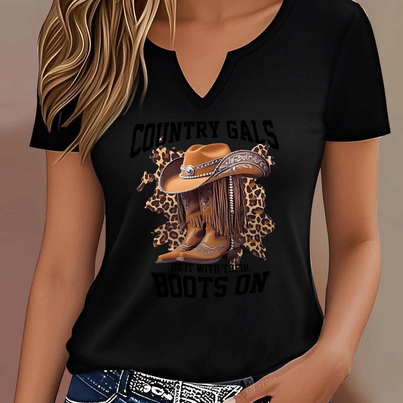 TEMU T-shirt tendance noir pour femmes, nouveau modèle à double col en V et imprimé