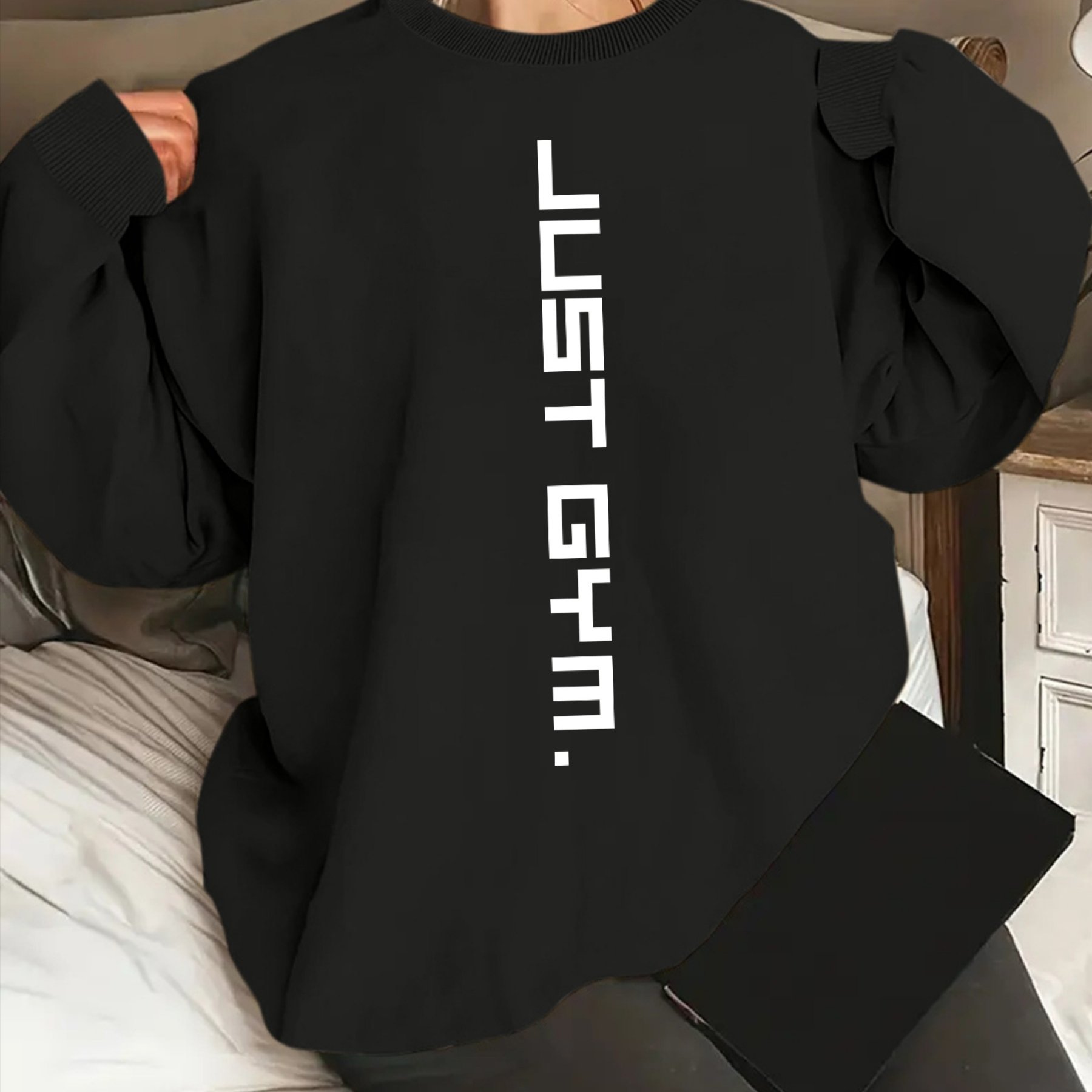 TEMU Women's Casual Oversized "" Print Sweatshirt - Soft Lavender Relaxed Fit Long Sleeve Pullover, Round Neck Machine Washable Top For Gym & Casual