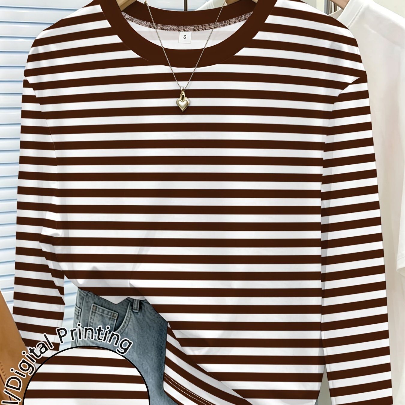 TEMU Women's Striped Printed Crew Neck Long Sleeve T Shirt Casual Summer Tops