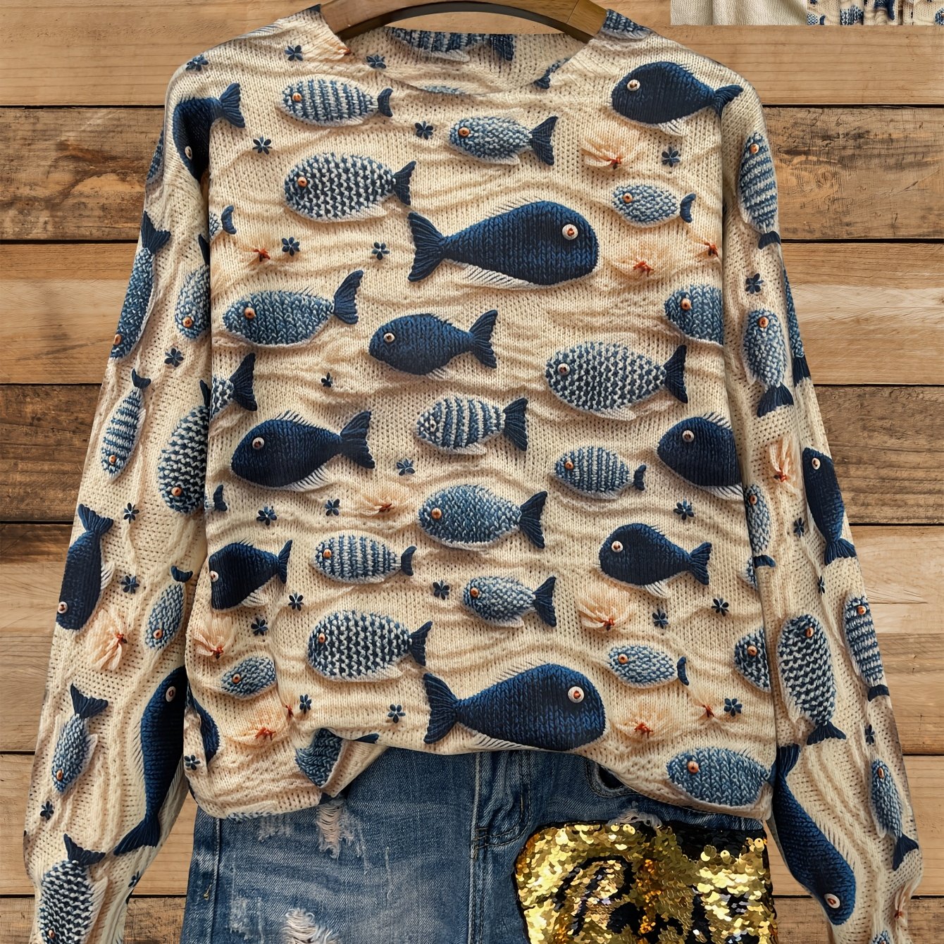[printed Design - Not Textured] [ Print] [thin] [sweater] Print Fish Pattern Thin, Casual Crew Neck Long Sleeve Sweater, Women's Clothing