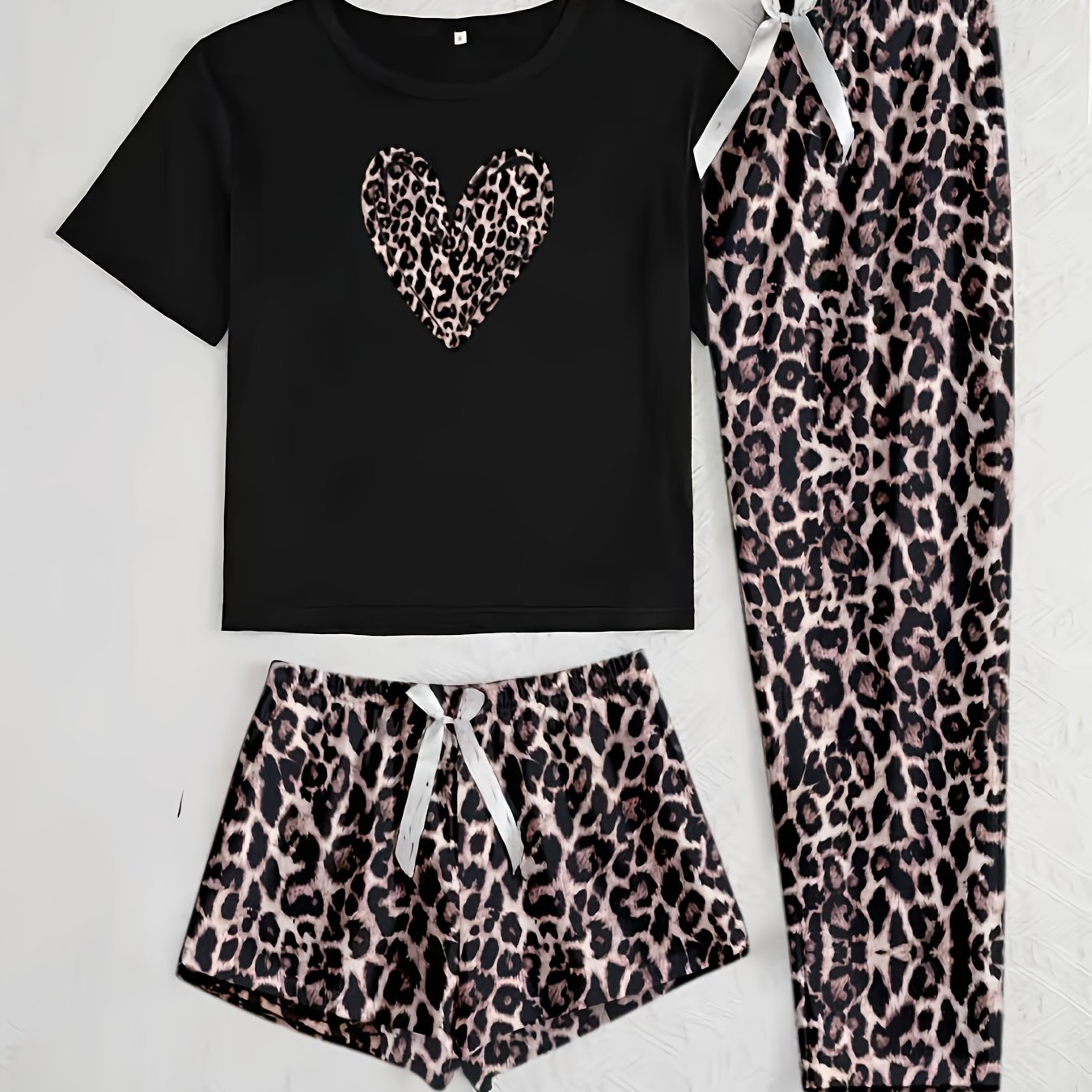 Image of Women's Leopard Print Heart Pattern Short-sleeved Top, Casual Elegant Leopard Print Pants Shorts Pajama Three-piece Set