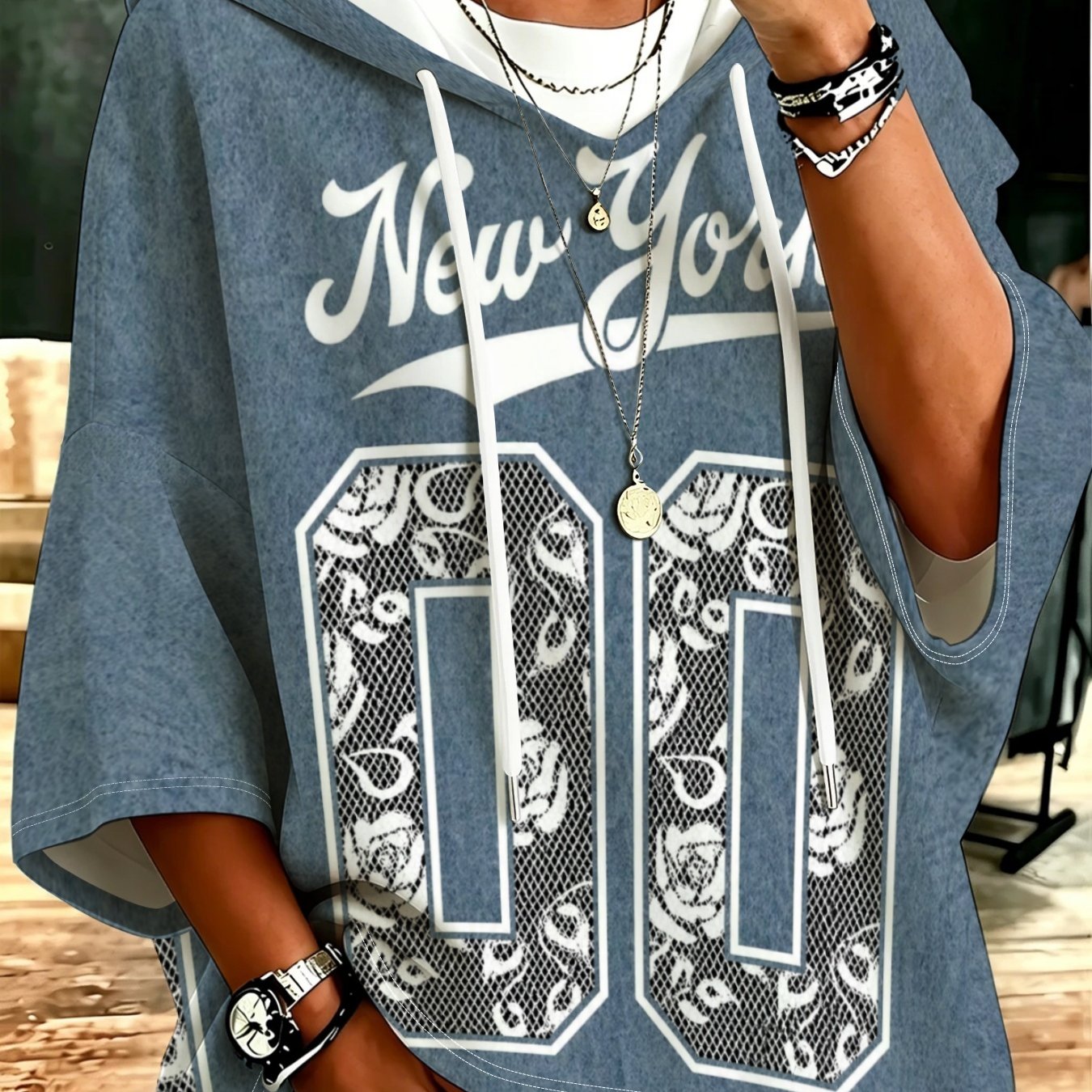 TEMU Plus Size - Washed Blue Hooded Mid-length Sweatshirt Women's Oversized Lace Street All-match Pullover Top