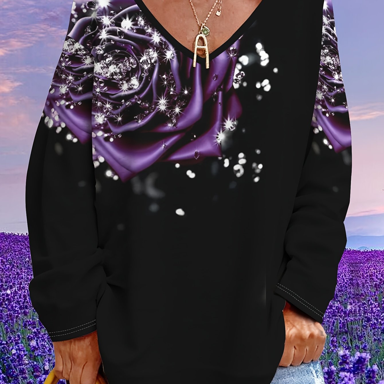 TEMU Romantic With Purple Shimmer -neck Top, Loose-fitting Mid-length Long Sleeve T-shirt