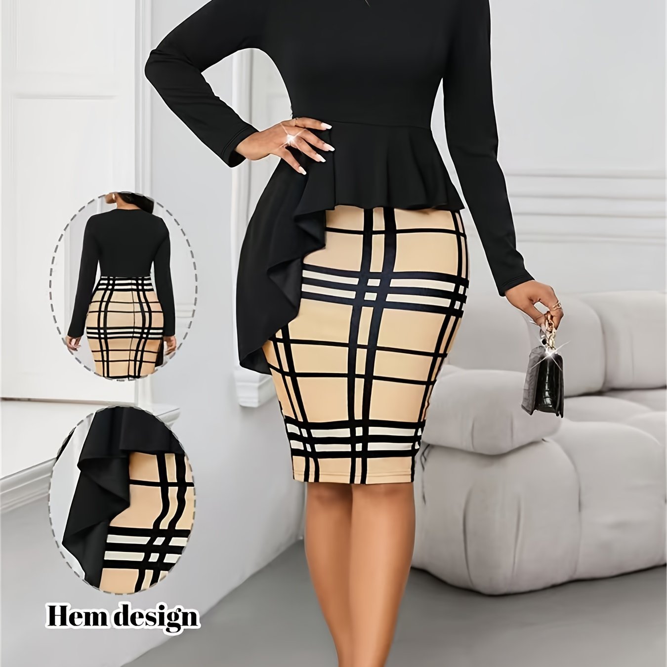 TEMU Cat Ear Orientation, Elegant Orientation, Holiday Party Vacation, Round Neck Long-sleeved Color-blocking Lotus Leaf Asymmetrical Slim Fit Hip Wrap Plaid Hem Women's Elegant Commuter Dress