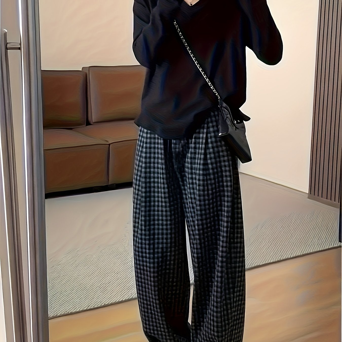 E-shop ZJ1026016 Damenlange Hose, Neue Frühling/Herbst Karo-Hose mit elastischem Bund Kordelzug, Casual Modetrend Gerade Bein Hose