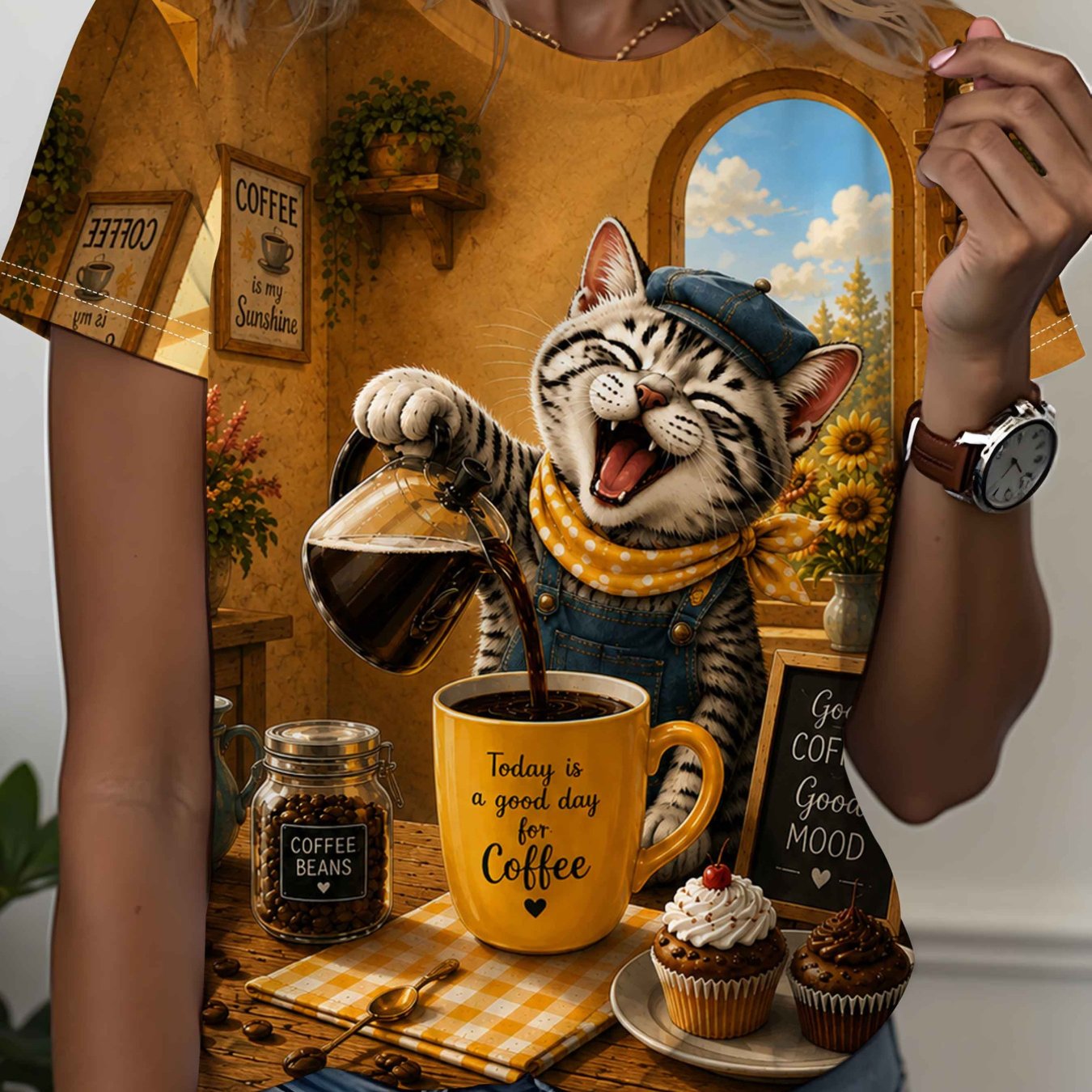 TEMU Women's Full-body CafÃ© Cat T-shirt - Vintage Shop Print With Kitten Drink & Desserts, Round Neck Casual Top Suitable For Spring/summer Casual