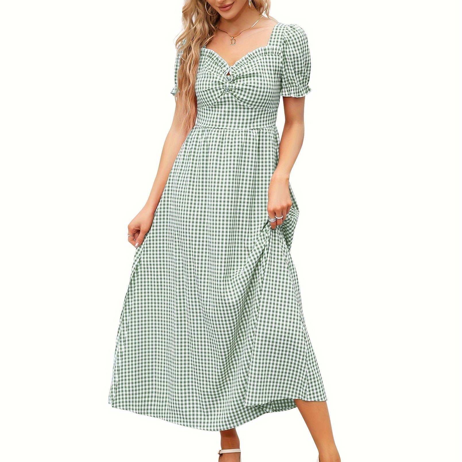 womens green gingham check maxi dress puff sleeves casual - Temu
