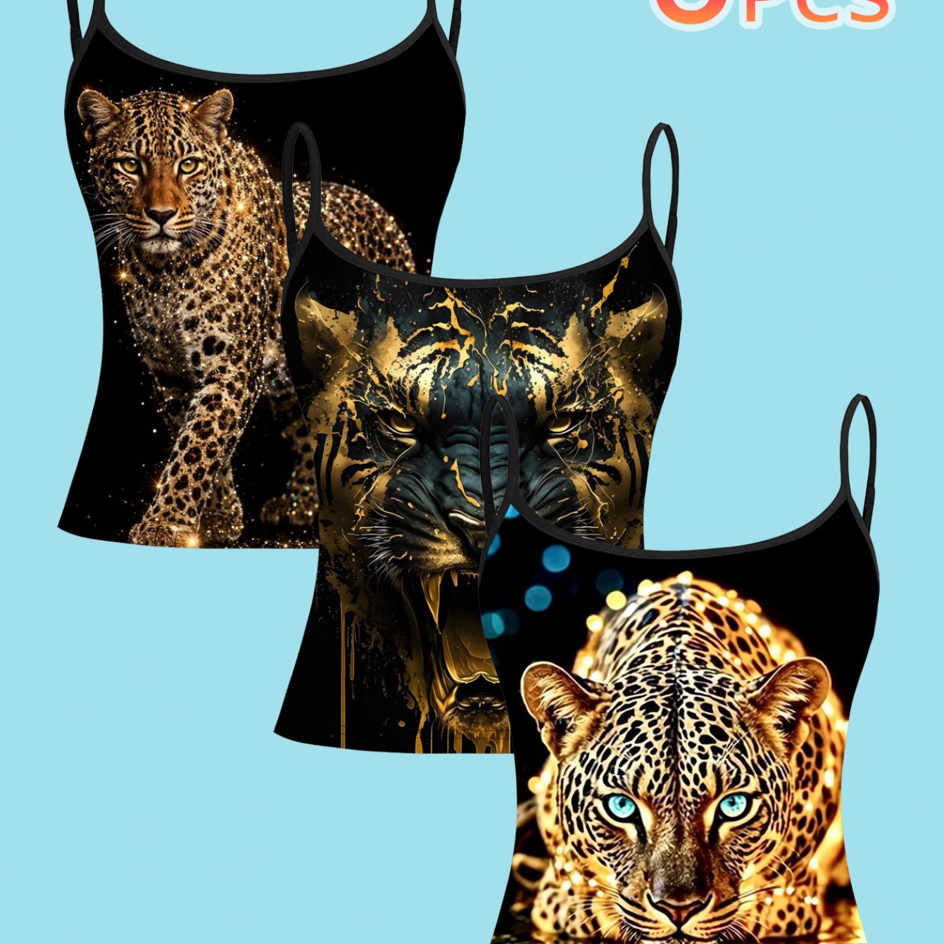 TEMU 3pcs Set Metal Texture Tiger Leopard Print Spaghetti Strap Camisole Top, Luxury Cyberpunk Style