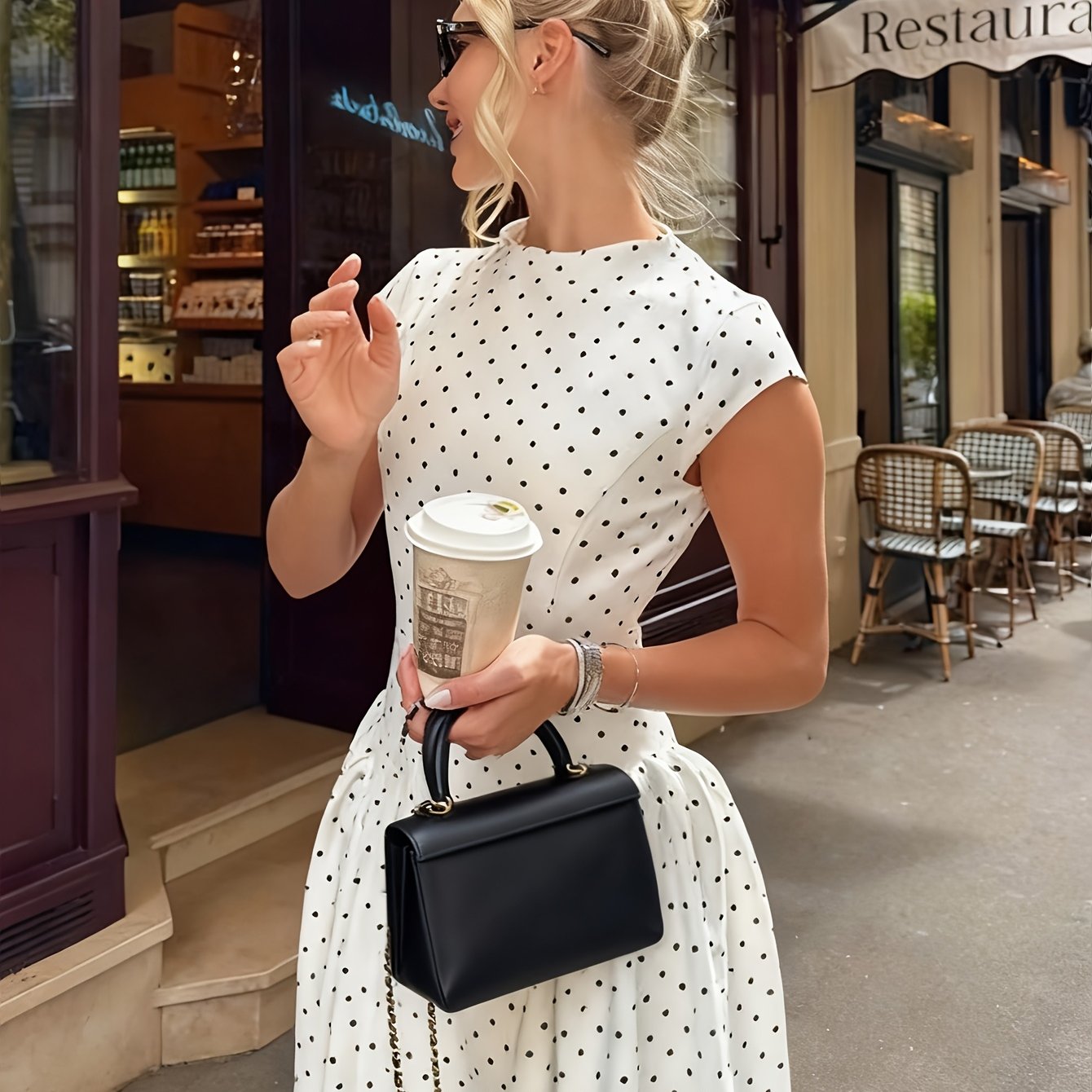 TEMU Women's New Polka Dot Long Dress With Round Neck, Waist-cinching, Street Style, Instagram-inspired