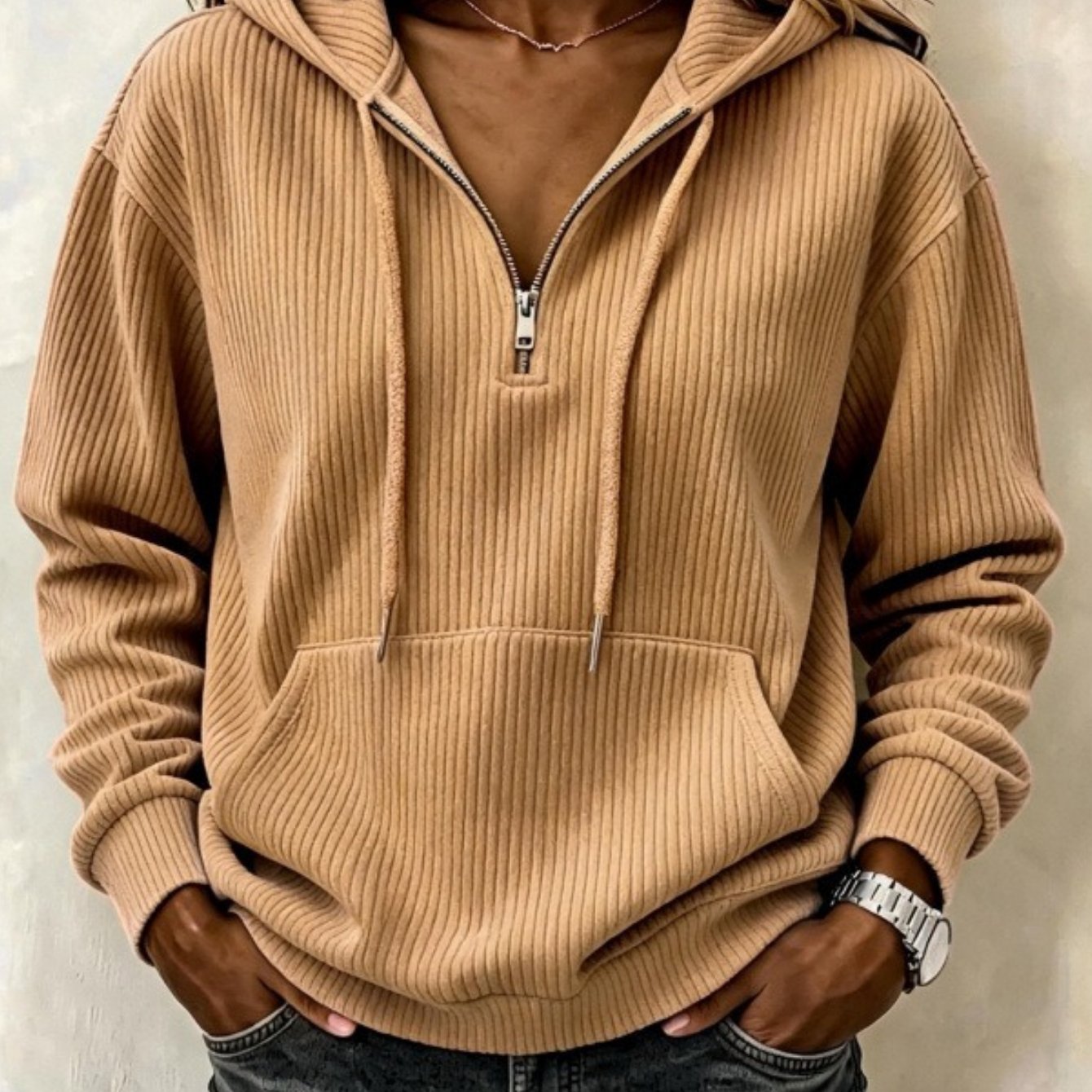 Image of Aw26 Women's Fall Winter Striped Corduroy Hoodie Retro Casual Long Sleeve Pullover Sweatshirt Soft Breathable Vintage Fashion Tops Christmas Gift Ss26