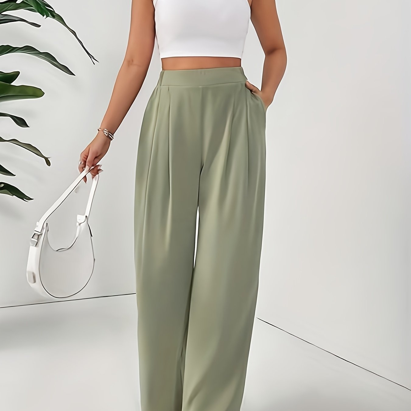 Image of Women's High-waist Wide Leg Pants - Light Gray, Casual & Comfortable With Pleated Design, Spring/summer, Comfortable Leisurewear | Pleated Wide Legs | Smooth Texture Fabric