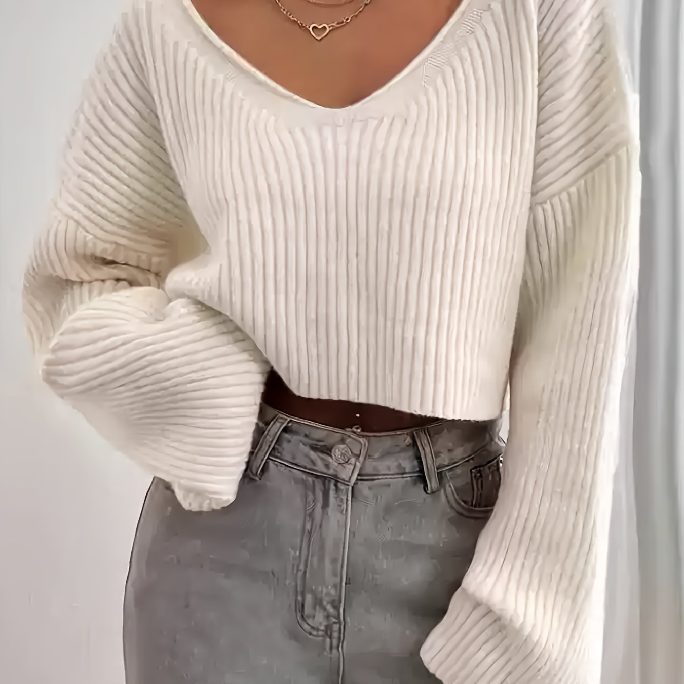 TEMU American-style Minimalist Solid Color V-neck Off-shoulder Cropped Long-sleeve Top, Street Dance Jazz Loose Fit Versatile Sweater For Women,