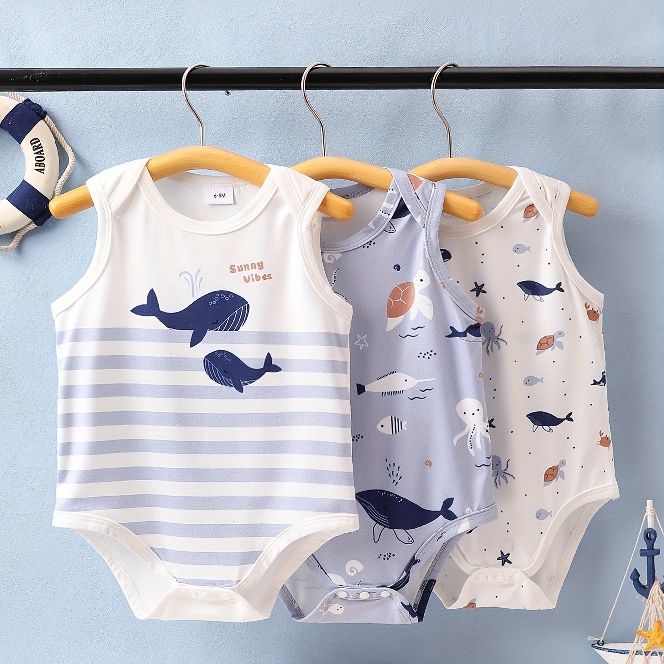 3pcs Baby Boy Cute Cartoon Dolphin Print Jumpsuit Baby Boy Triangle Baby Jumpsuit, Outdoor