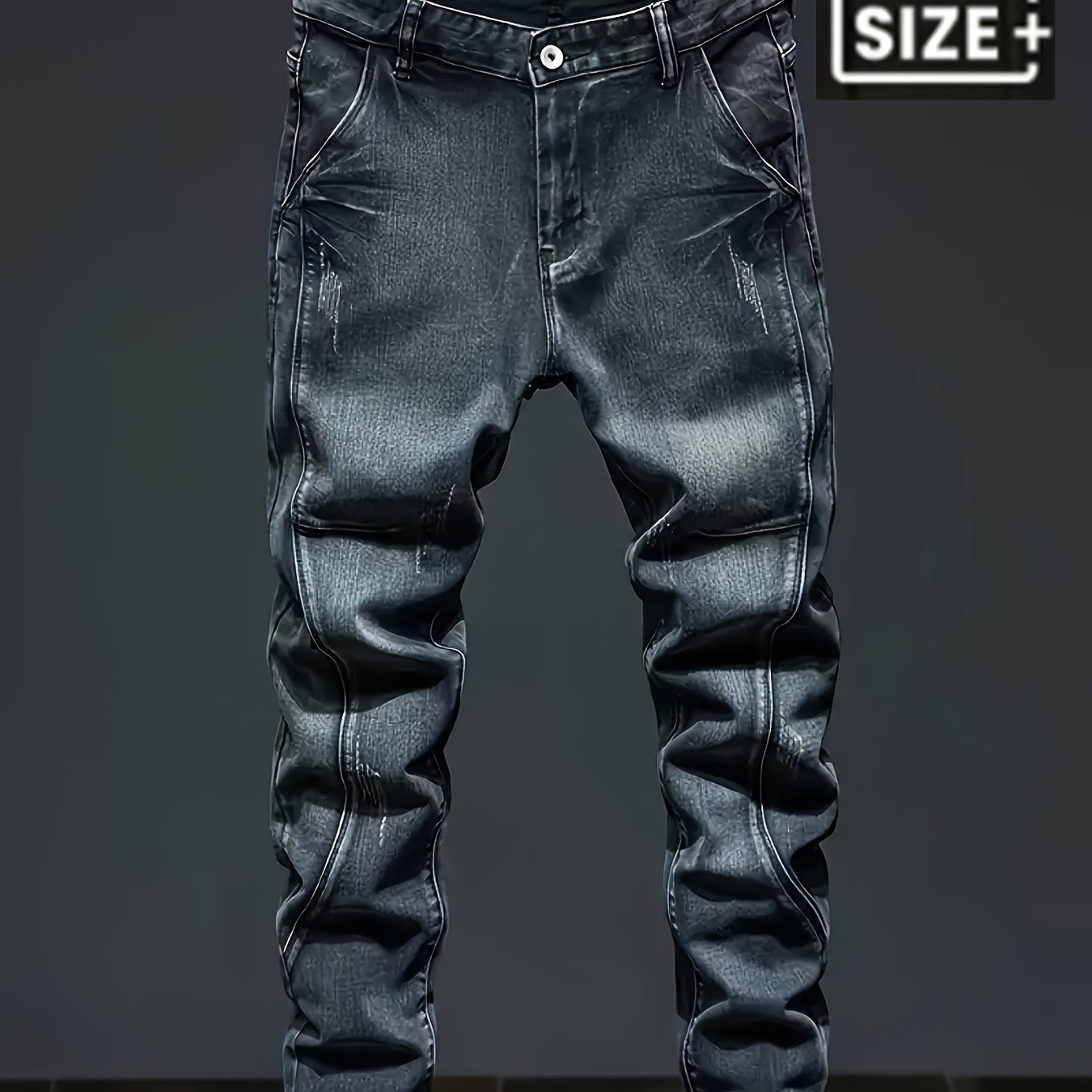 [hme] Men's Plus-size Straight Jeans High-waist Stretch Slim Fit, 3d Tailored , Heavy Washed . Slant Pockets, Denim, Ykk Zipper, Machine Washable, Versatile Staple, Plus Size