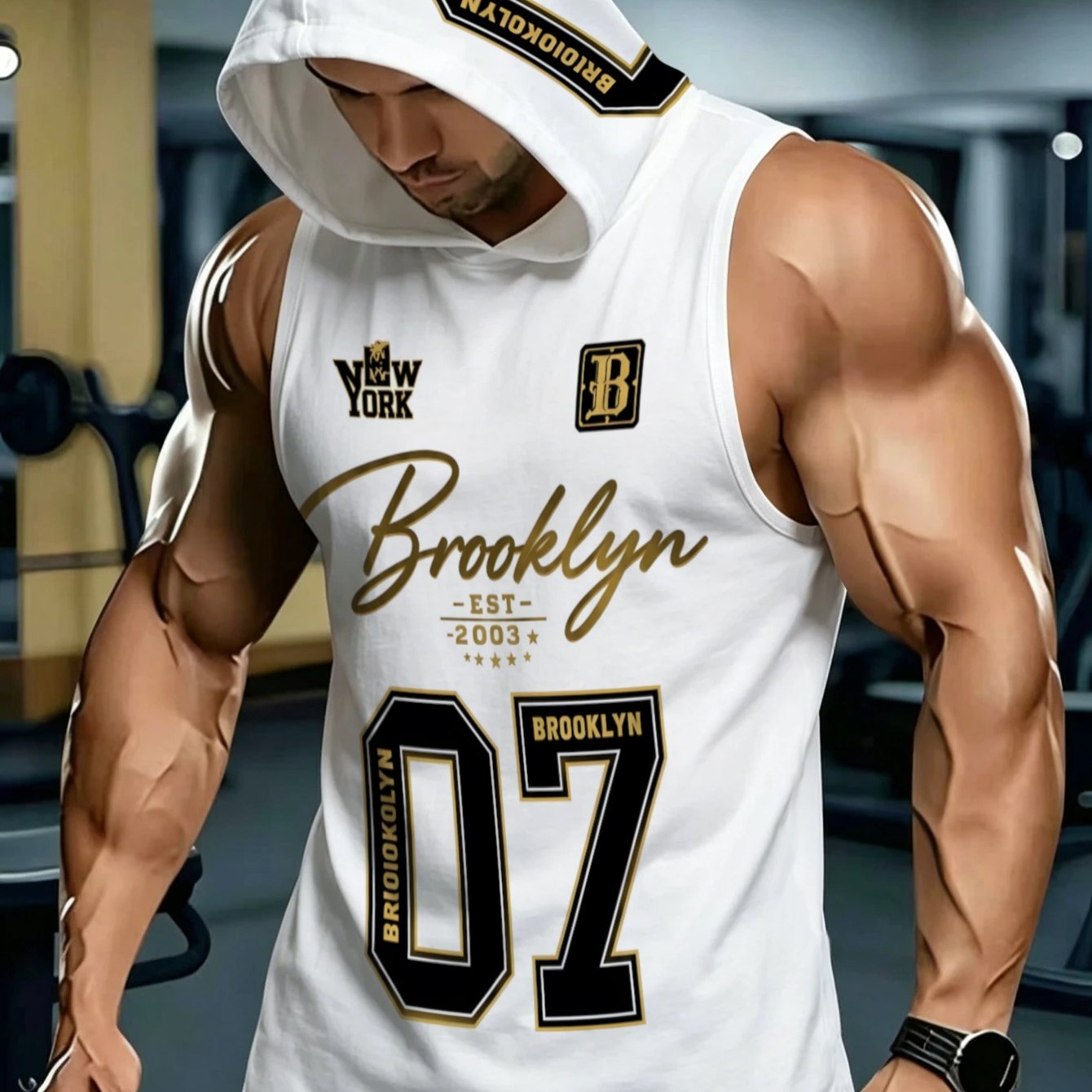 TEMU Men's Fashion Hooded Sleeveless Sports Top Brooklyn Print Style Casual Gym Vest Daily Wear Breathable Sweat-absorbent Comfortable Summer Outfit