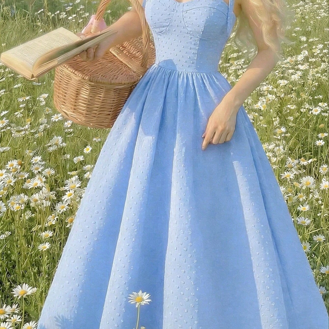Image of Back-to- Season Party Dress With Bow Strap, Heart-shaped, Corset Waist, Flared Mid-length Dress For Women | French Style Long Dress, Perfect For Graduation Parties And Daisy Picnics