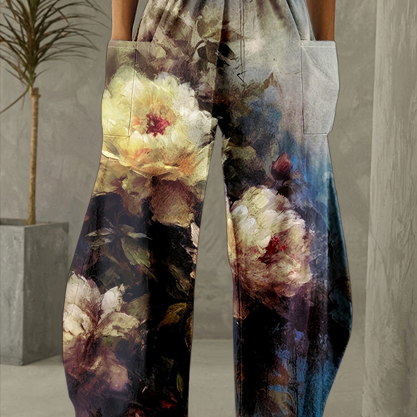 TEMU Plus Size, Women's Plus Size Printed Straight-leg Pants With Elastic Waist And Side Pockets - Vibrant Red, White, And Blue Background - Casual